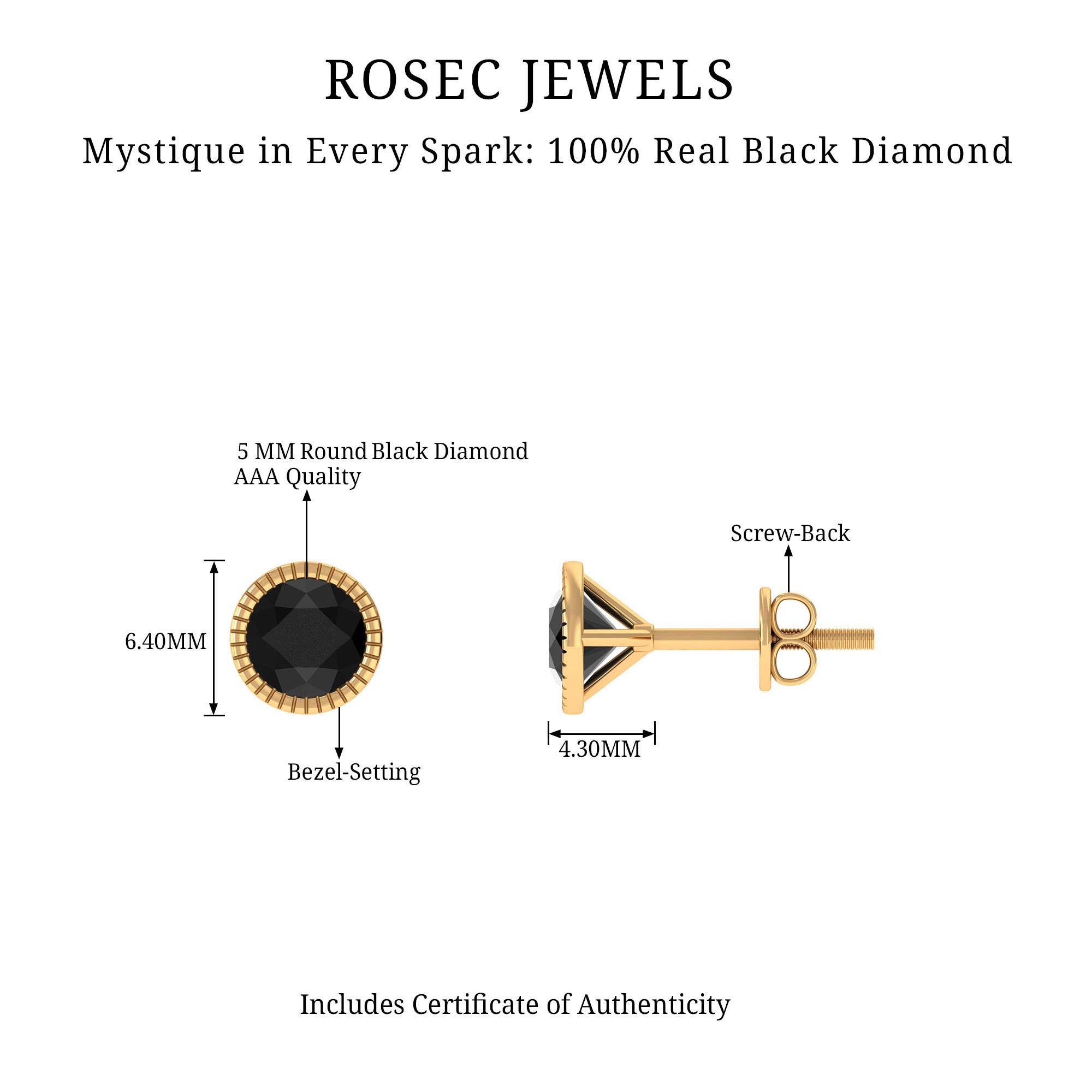 Round Black Diamond Gold Solitaire Stud Earring in Bezel Setting Black Diamond - ( AAA ) - Quality - Rosec Jewels