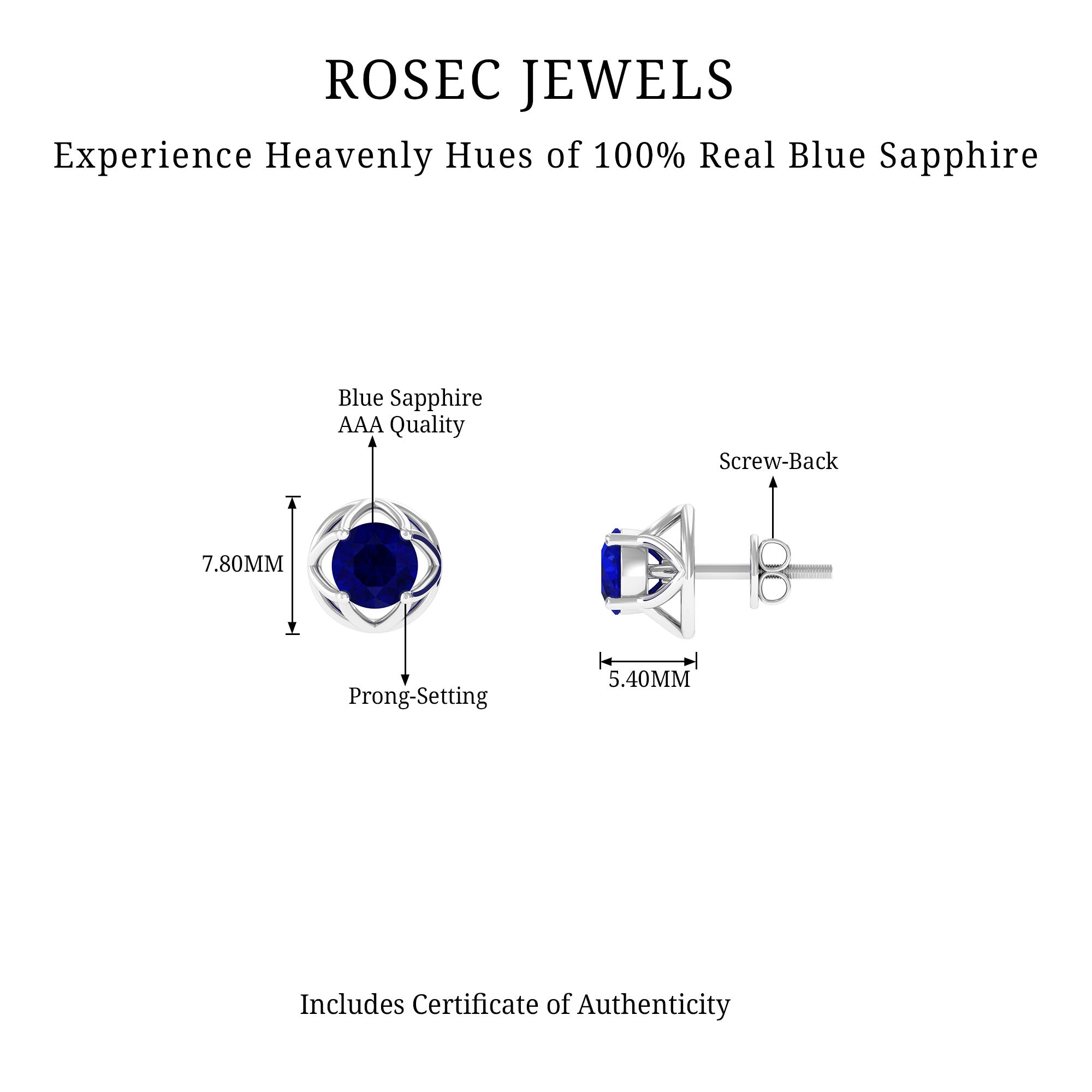 2 CT Blue Sapphire Solitaire Vintage Stud Earrings Blue Sapphire - ( AAA ) - Quality - Rosec Jewels