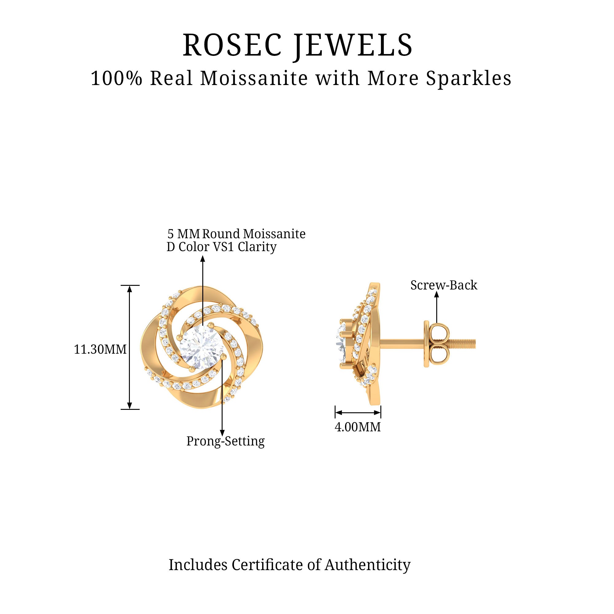 Swirl Stud Earrings Round Shape Moissanite in Prong Setting Moissanite - ( D-VS1 ) - Color and Clarity - Rosec Jewels