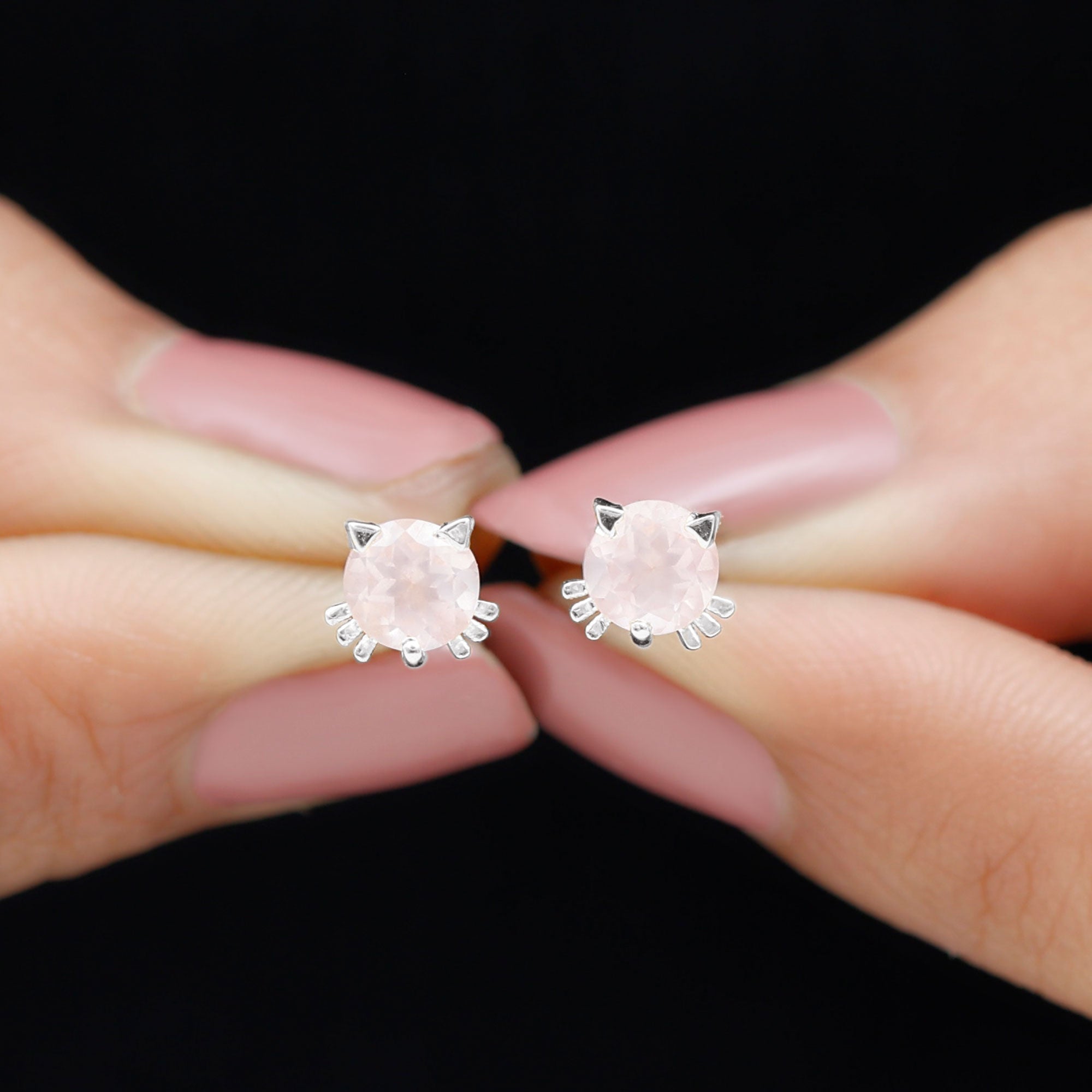 Rose Quartz Solitaire Cute Cat Stud Earrings Rose Quartz - ( AAA ) - Quality - Rosec Jewels