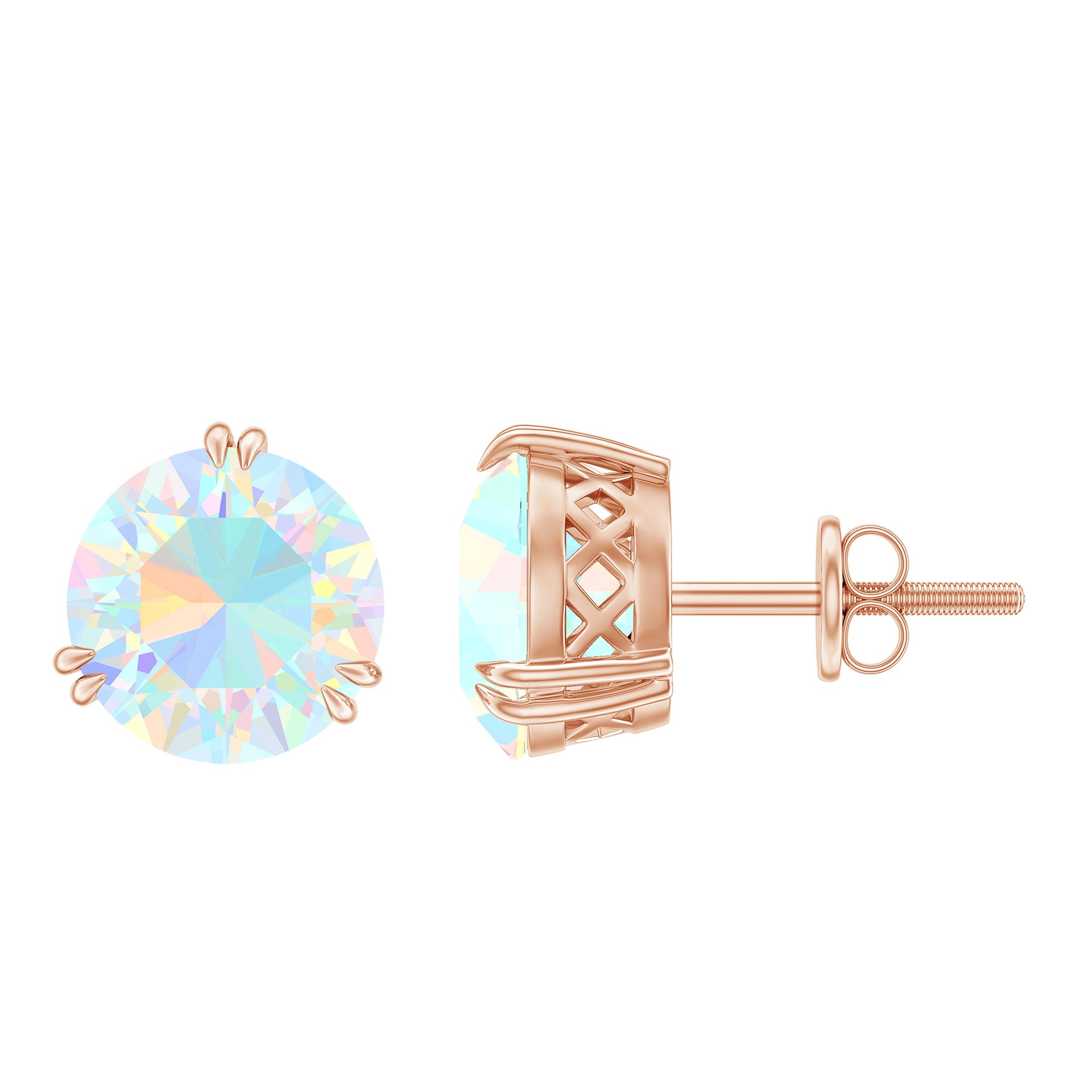 8 MM Ethiopian Opal Solitaire Stud Earrings in Double Prong Setting Ethiopian Opal - ( AAA ) - Quality - Rosec Jewels