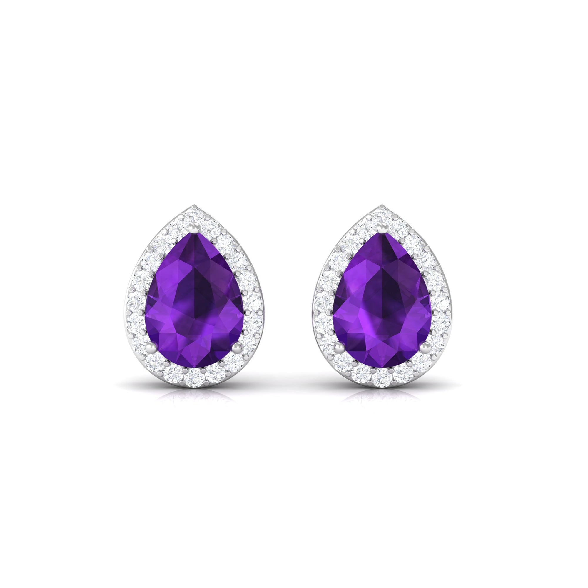 Classic Pear Cut Amethyst and Diamond Halo Stud Earrings Amethyst - ( AAA ) - Quality - Rosec Jewels