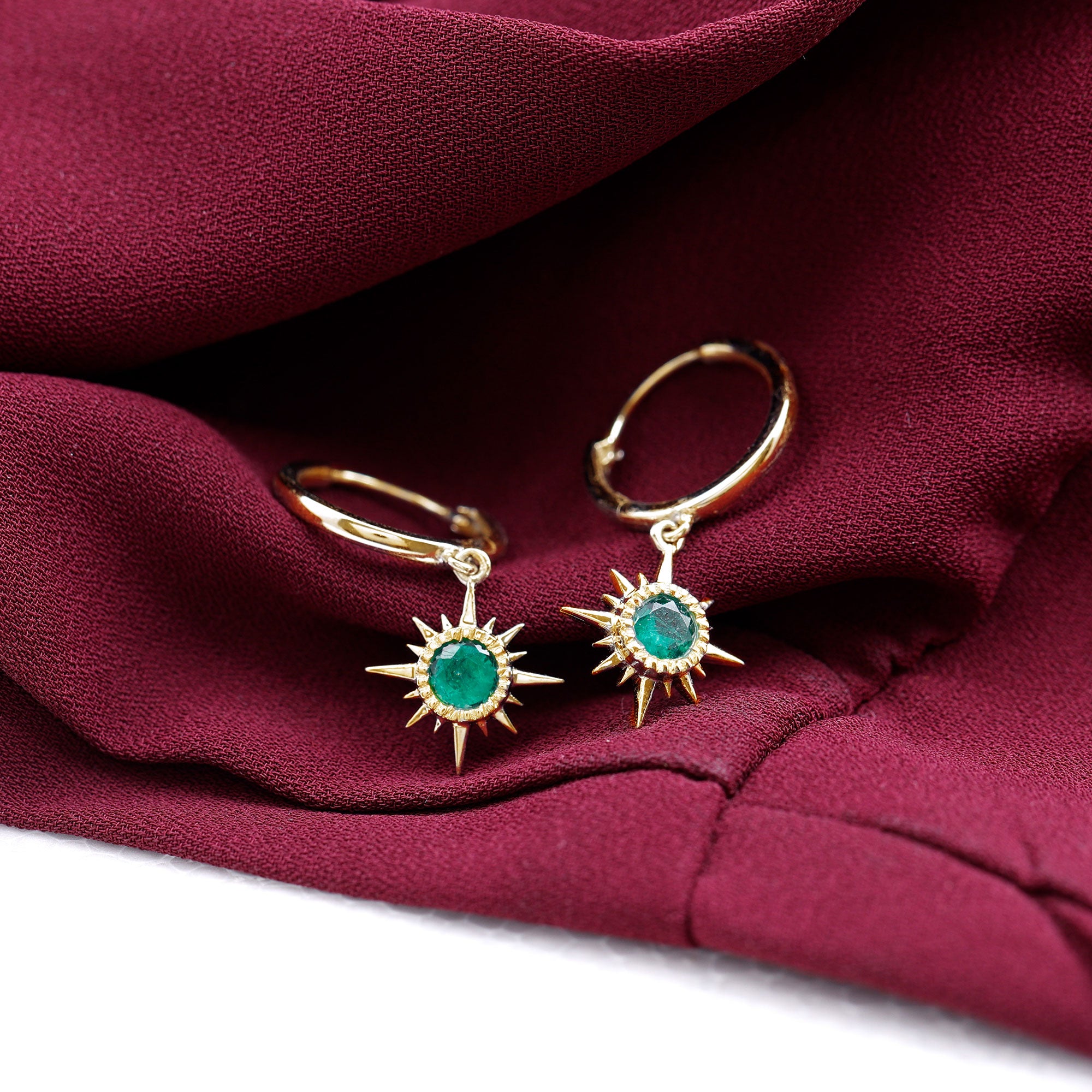 Milgrain Bezel Set Emerald Sunburst Hoop Drop Earrings Emerald - ( AAA ) - Quality - Rosec Jewels