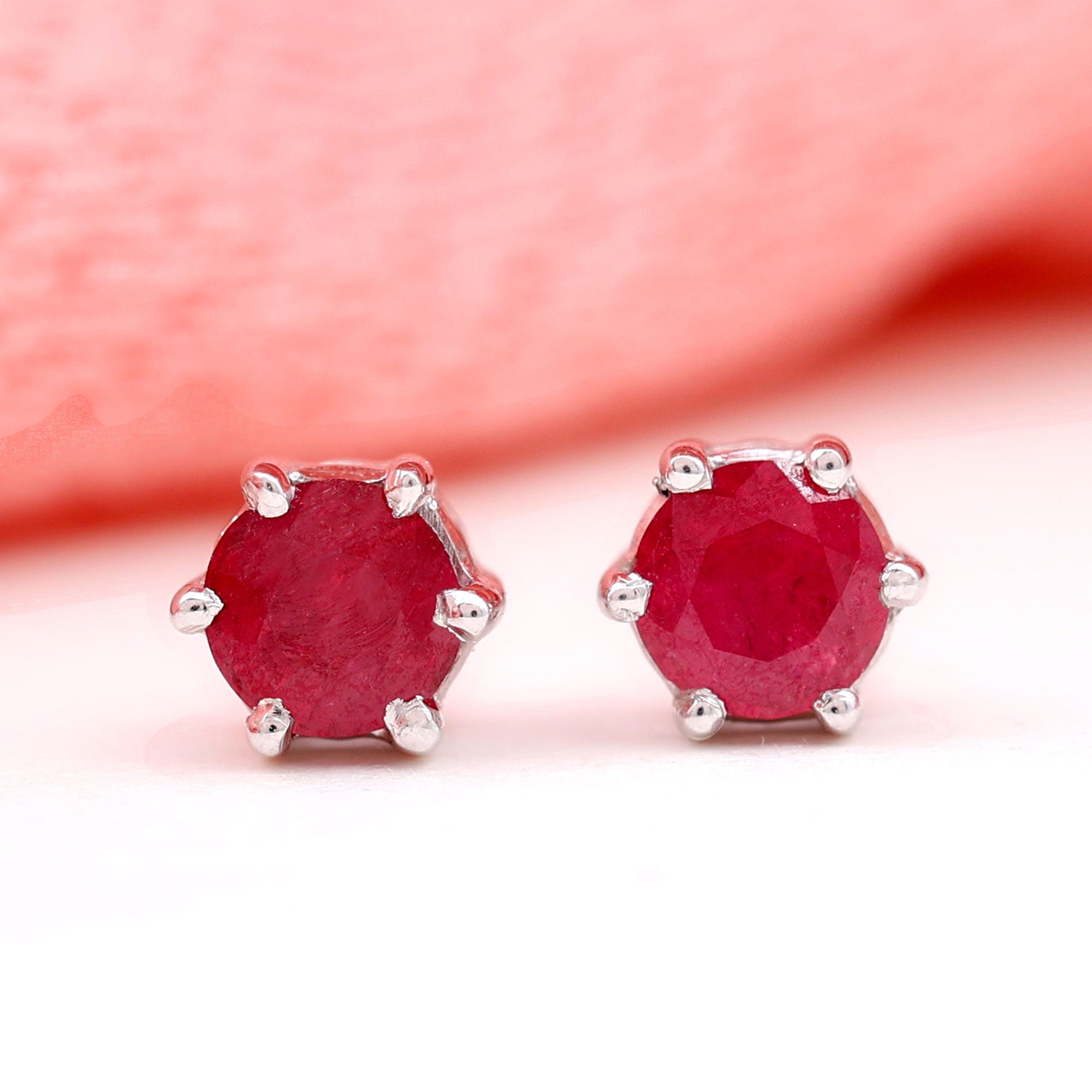 4 MM Genuine Ruby Solitaire Stud Earrings in 6 Prong Setting Ruby - ( AAA ) - Quality - Rosec Jewels