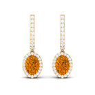 Classic Oval Citrine Hoop Drop Earrings with Moissanite Halo Citrine - ( AAA ) - Quality - Rosec Jewels