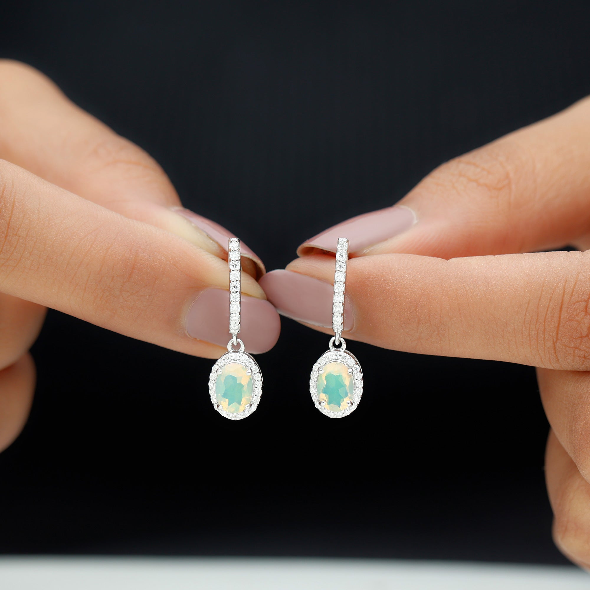 Ethiopian Opal Hoop Drop Earrings with Moissanite Ethiopian Opal - ( AAA ) - Quality - Rosec Jewels