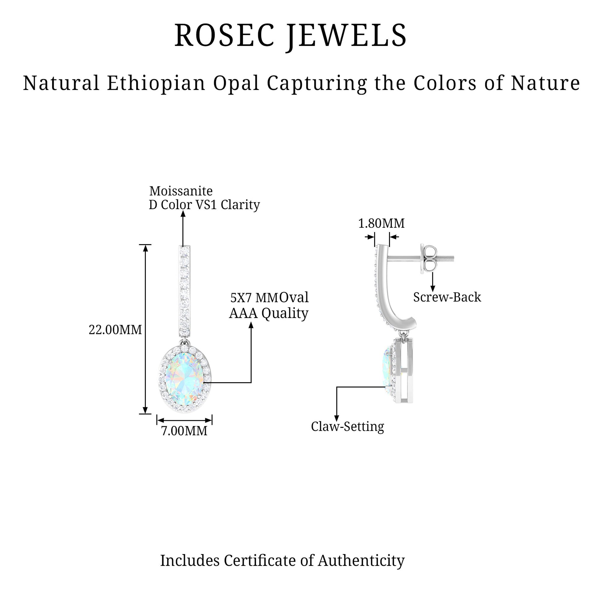 Ethiopian Opal Hoop Drop Earrings with Moissanite Ethiopian Opal - ( AAA ) - Quality - Rosec Jewels