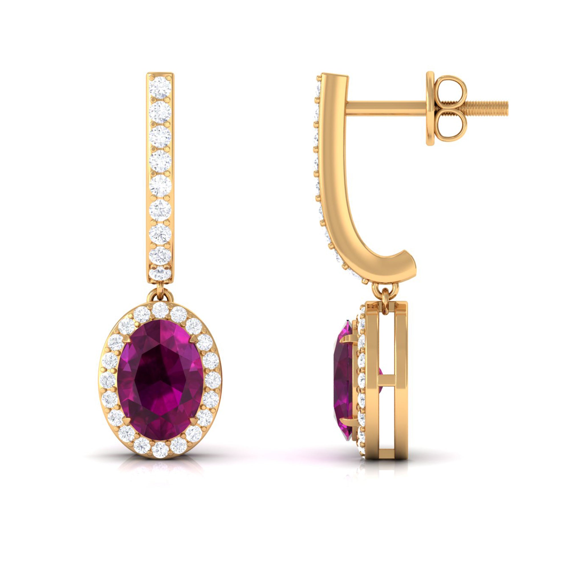 Classic Oval Rhodolite Hoop Drop Earrings with Diamond Halo Rhodolite - ( AAA ) - Quality - Rosec Jewels