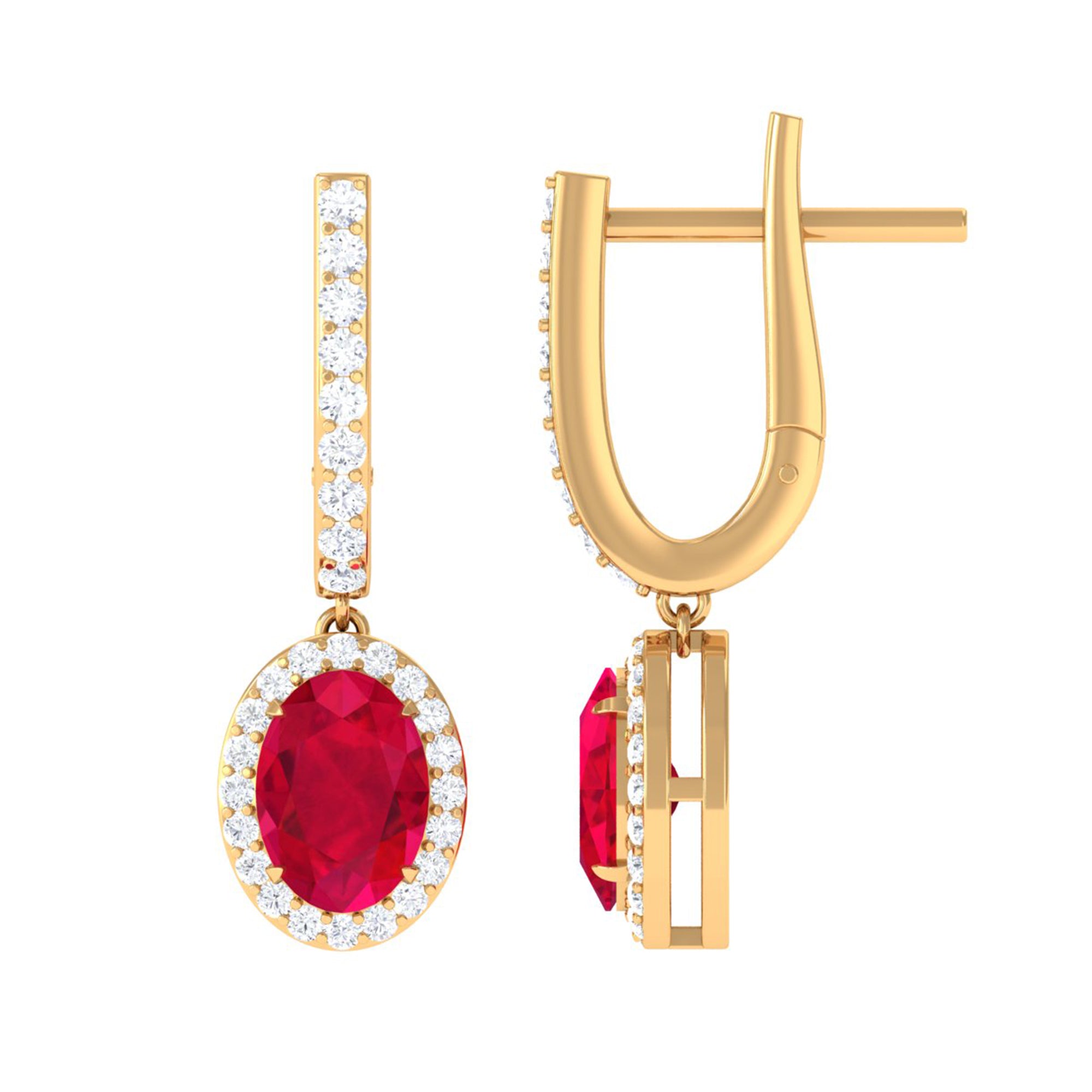 Oval Lab-Created Ruby Hoop Drop Earrings with Diamond Halo Lab Created Ruby - ( AAAA ) - Quality - Rosec Jewels