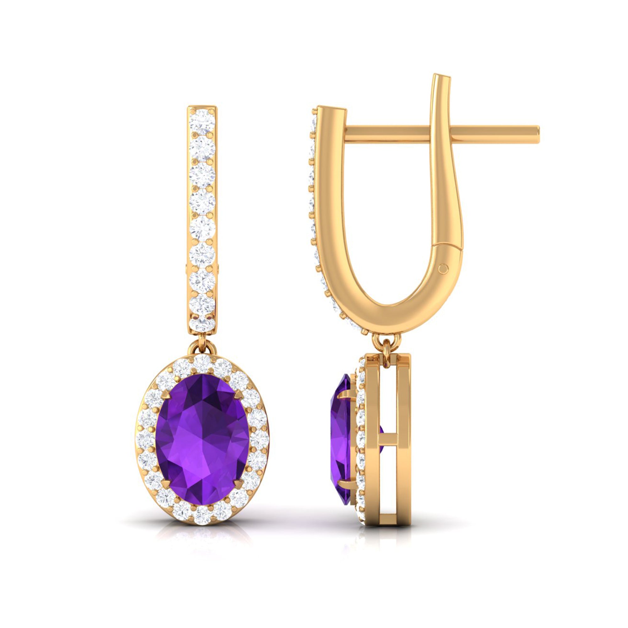 Oval Amethyst Hoop Drop Earrings with Diamond Halo Amethyst - ( AAA ) - Quality - Rosec Jewels