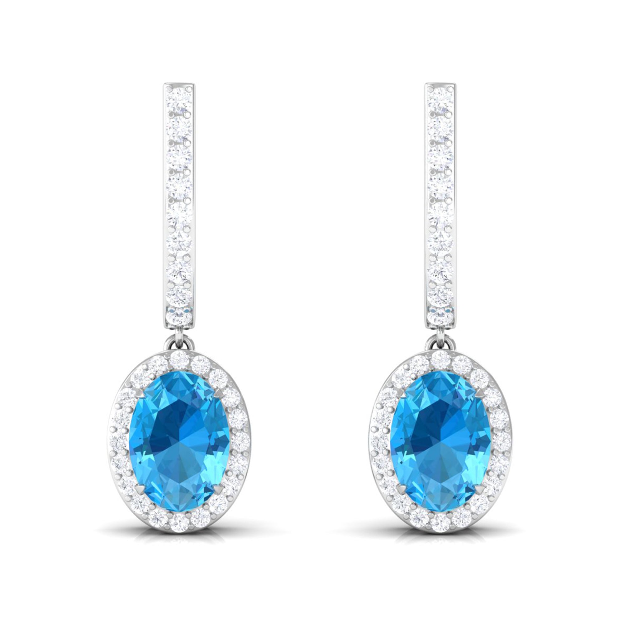 Oval Swiss Blue Topaz Hoop Drop Earrings with Diamond Halo Swiss Blue Topaz - ( AAA ) - Quality - Rosec Jewels