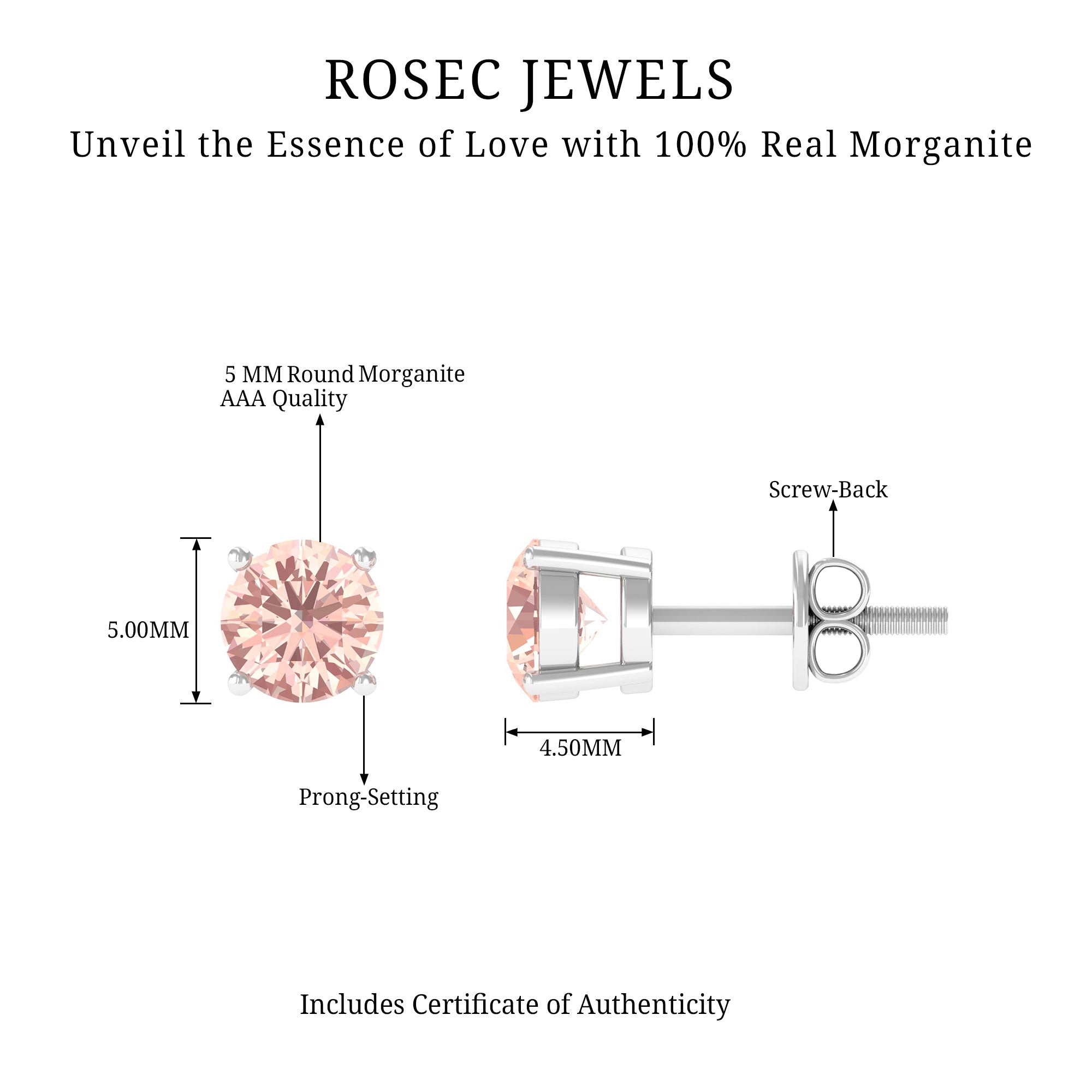 5 MM Morganite Solitaire Stud Earrings in 4 Prong Setting Morganite - ( AAA ) - Quality - Rosec Jewels