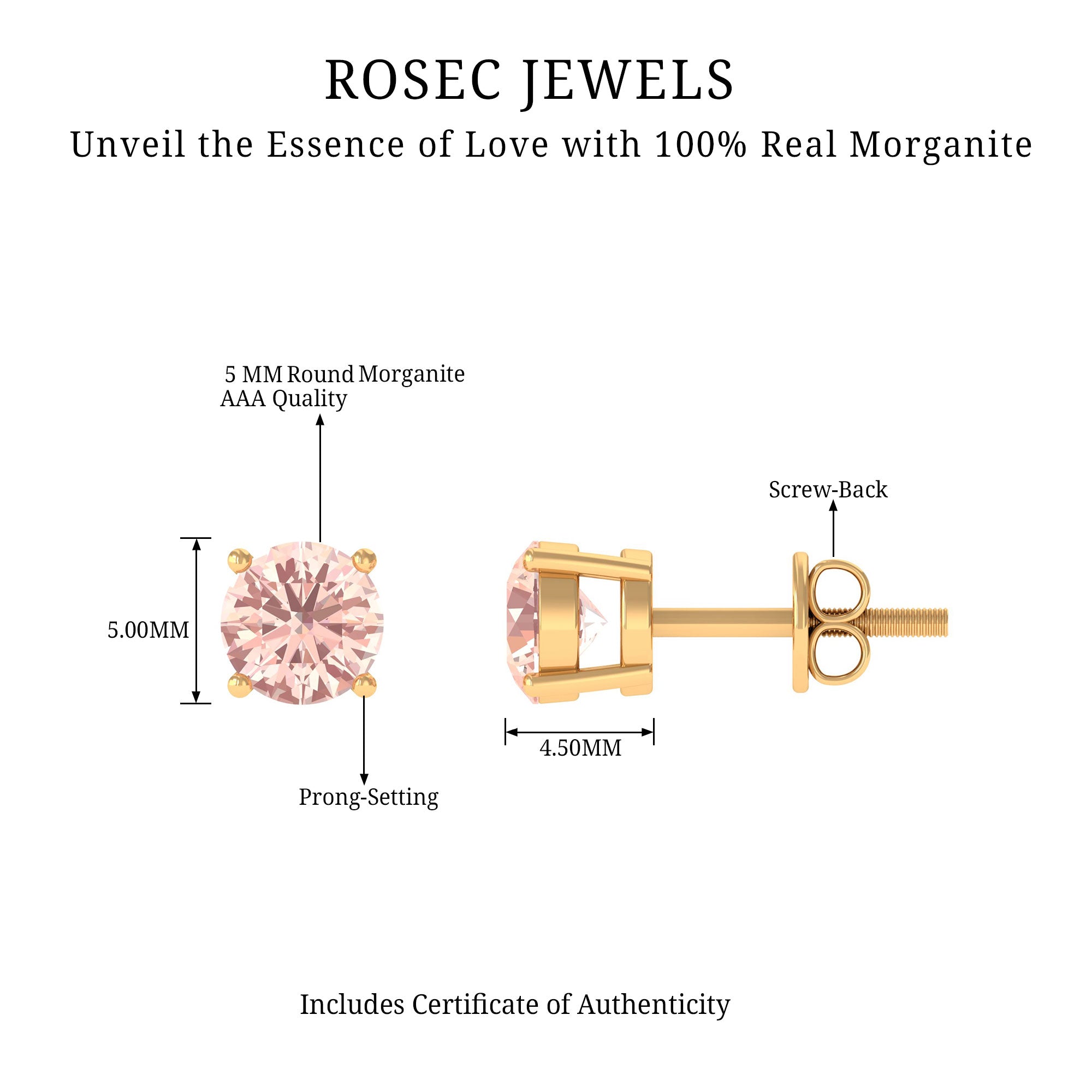 5 MM Morganite Solitaire Stud Earrings in 4 Prong Setting Morganite - ( AAA ) - Quality - Rosec Jewels