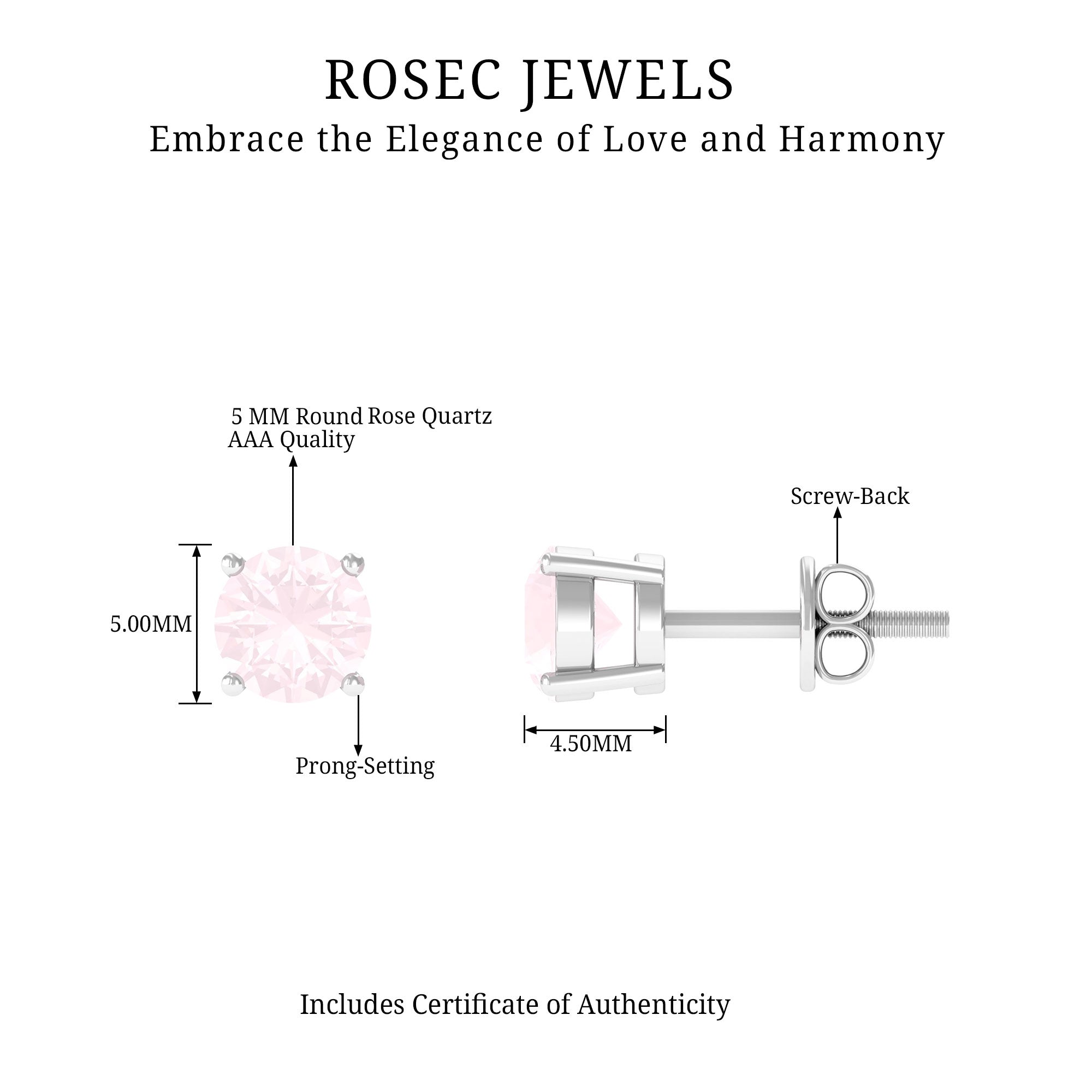 Rose Quartz Solitaire Stud Earrings in 4 Prong Setting Rose Quartz - ( AAA ) - Quality - Rosec Jewels