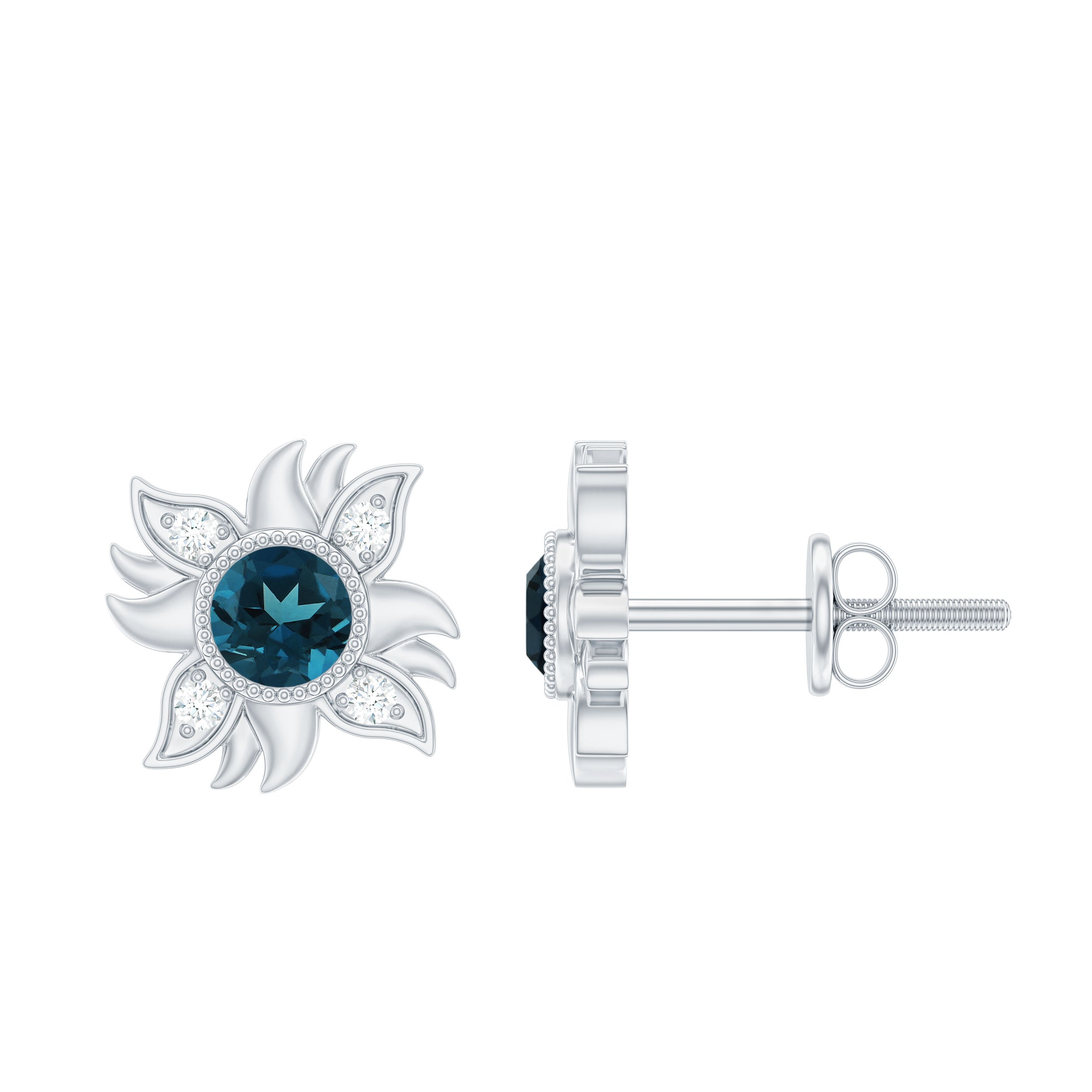 1/2 CT Round Shape London Blue Topaz and Diamond Sunburst Stud Earrings London Blue Topaz - ( AAA ) - Quality 92.5 Sterling Silver - Rosec Jewels