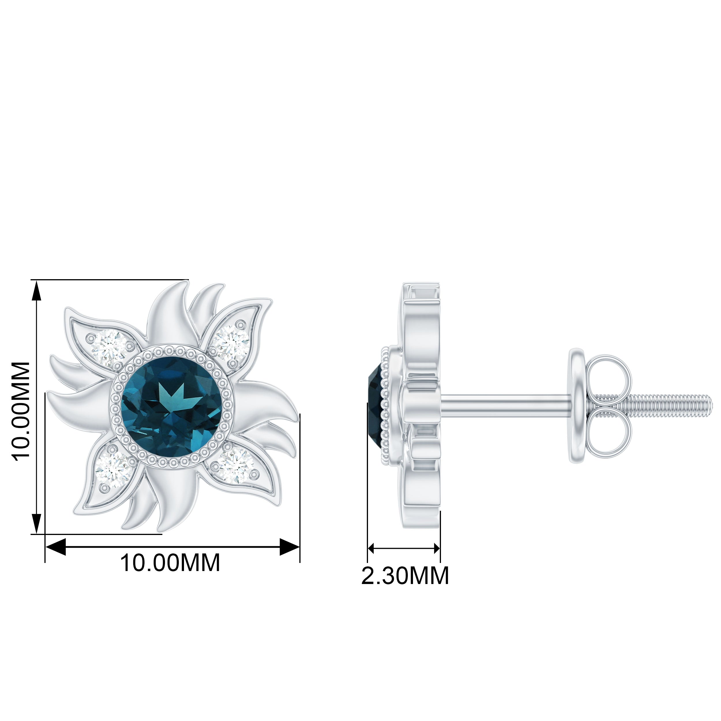 1/2 CT Round Shape London Blue Topaz and Diamond Sunburst Stud Earrings London Blue Topaz - ( AAA ) - Quality 92.5 Sterling Silver - Rosec Jewels