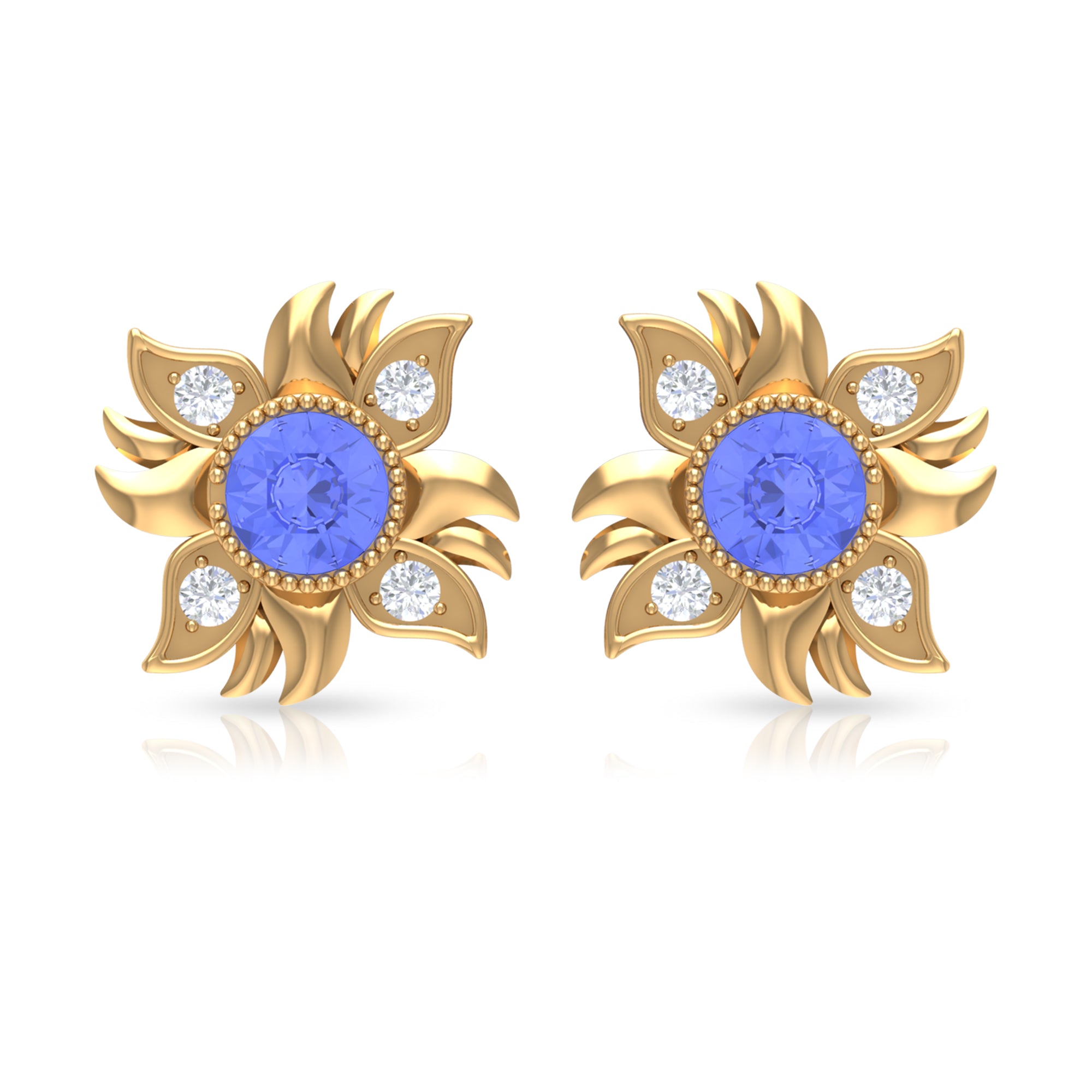 Round Shape Tanzanite and Diamond Sunburst Stud Earrings Tanzanite - ( AAA ) - Quality - Rosec Jewels