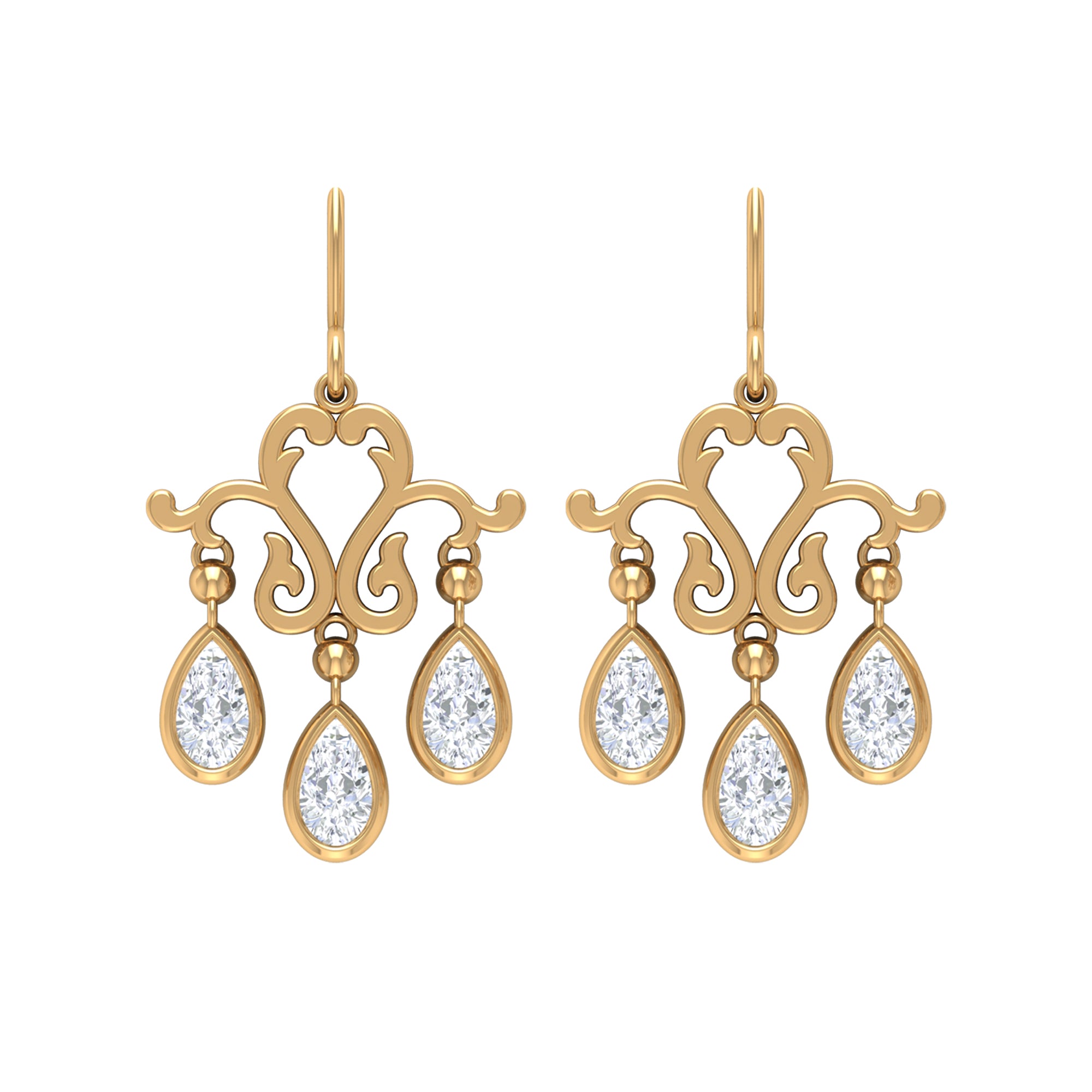 Vintage Inspired Pear Shape Zircon Dangle Earrings in Gold Zircon - ( AAAA ) - Quality - Rosec Jewels