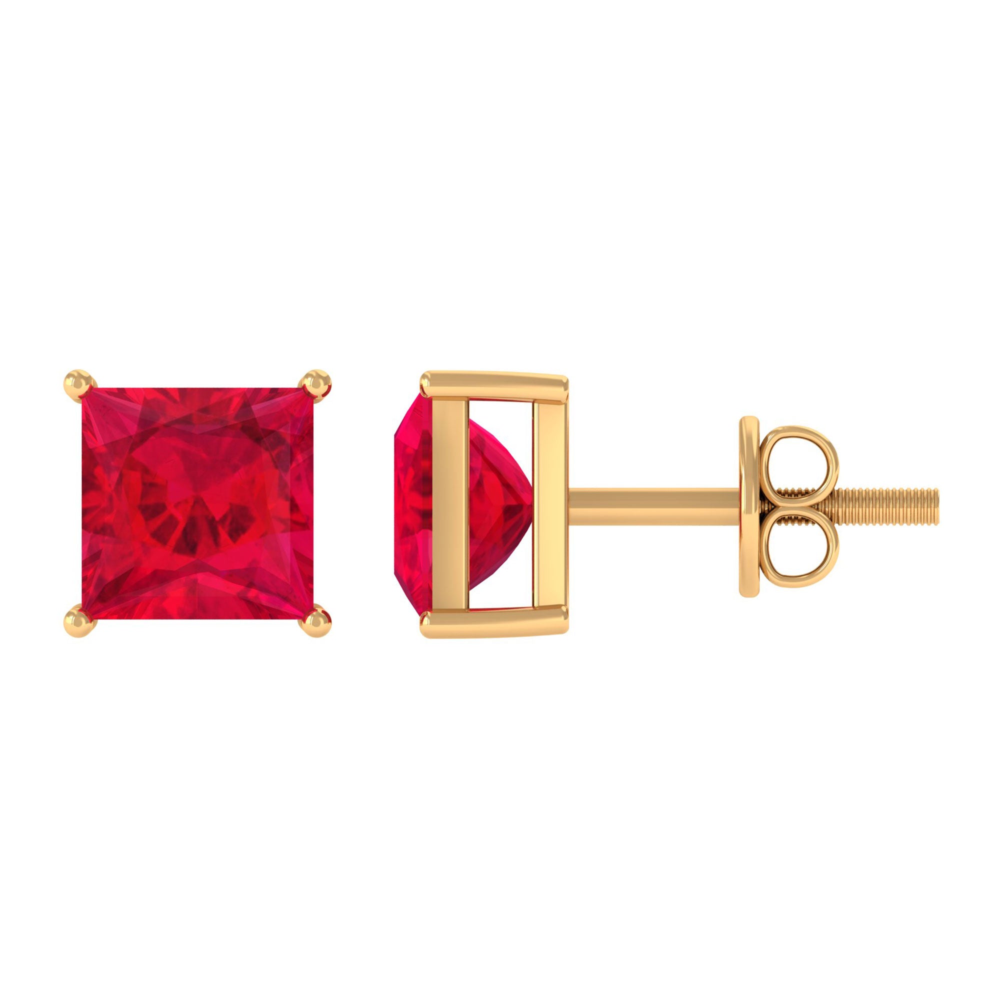 Princess Cut Created Ruby Solitaire Stud Earrings in Gold Lab Created Ruby - ( AAAA ) - Quality - Rosec Jewels