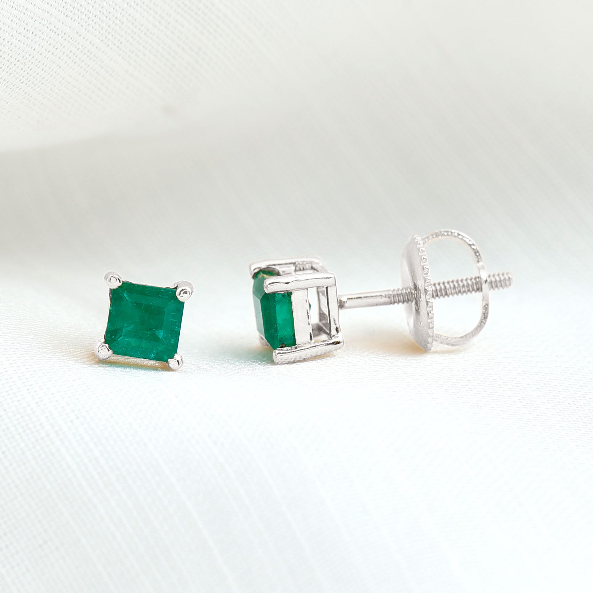 Princess Cut Natural Emerald Simple Solitaire Stud Earrings Emerald - ( AAA ) - Quality - Rosec Jewels