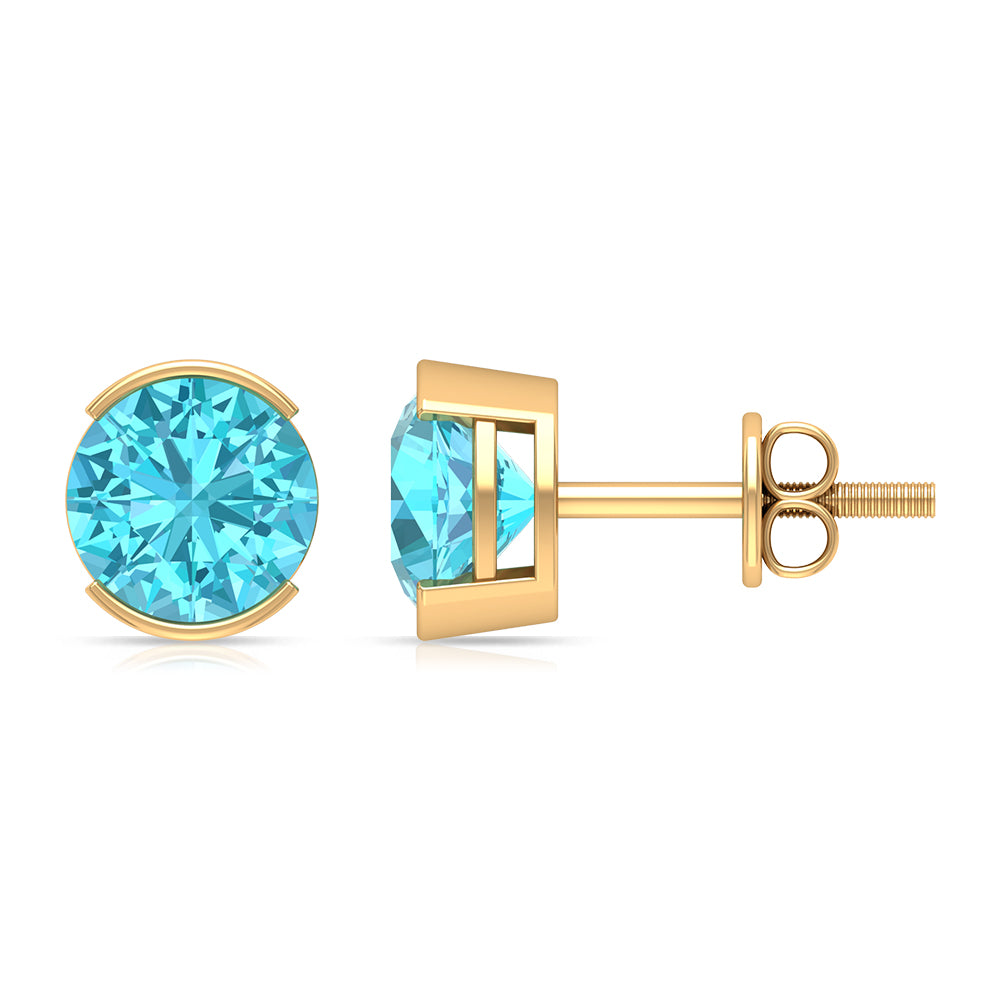 Swiss Blue Topaz Solitaire Stud Earrings in Half Bezel Setting Swiss Blue Topaz - ( AAA ) - Quality - Rosec Jewels