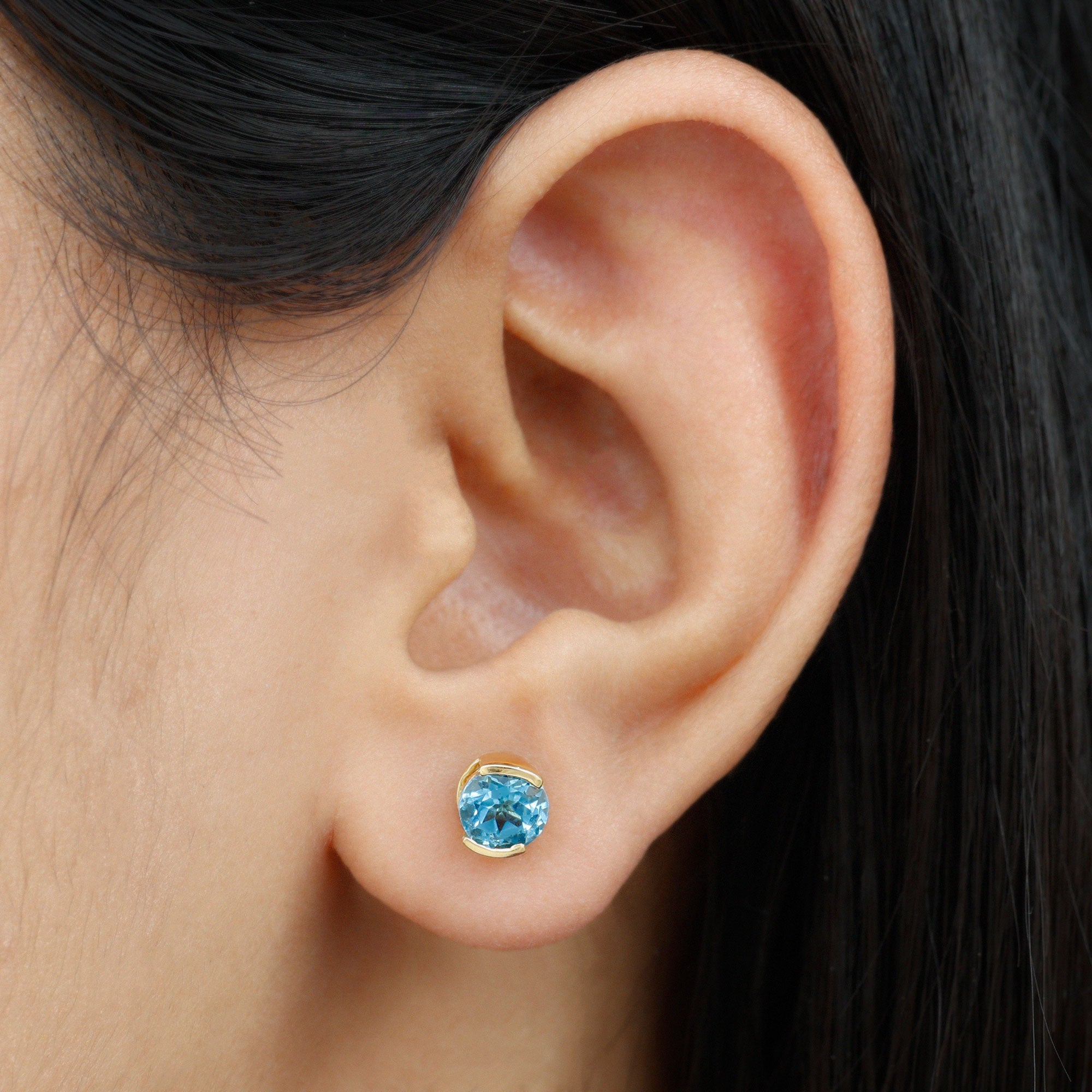 Swiss Blue Topaz Solitaire Stud Earrings in Half Bezel Setting Swiss Blue Topaz - ( AAA ) - Quality - Rosec Jewels