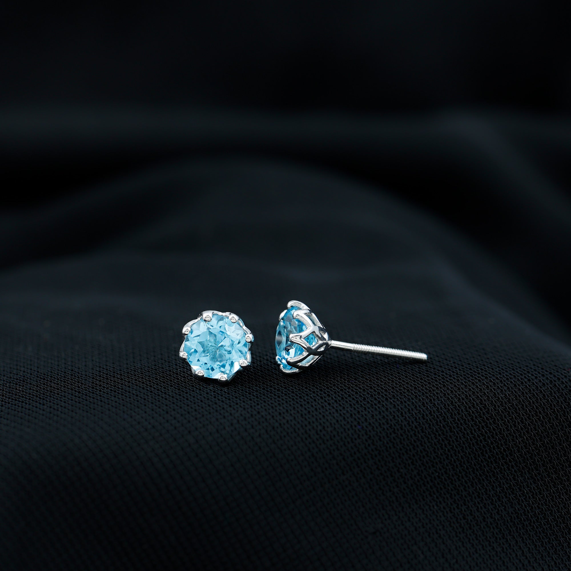 6 MM Decorative Swiss Blue Topaz Solitaire Stud Earrings Swiss Blue Topaz - ( AAA ) - Quality - Rosec Jewels