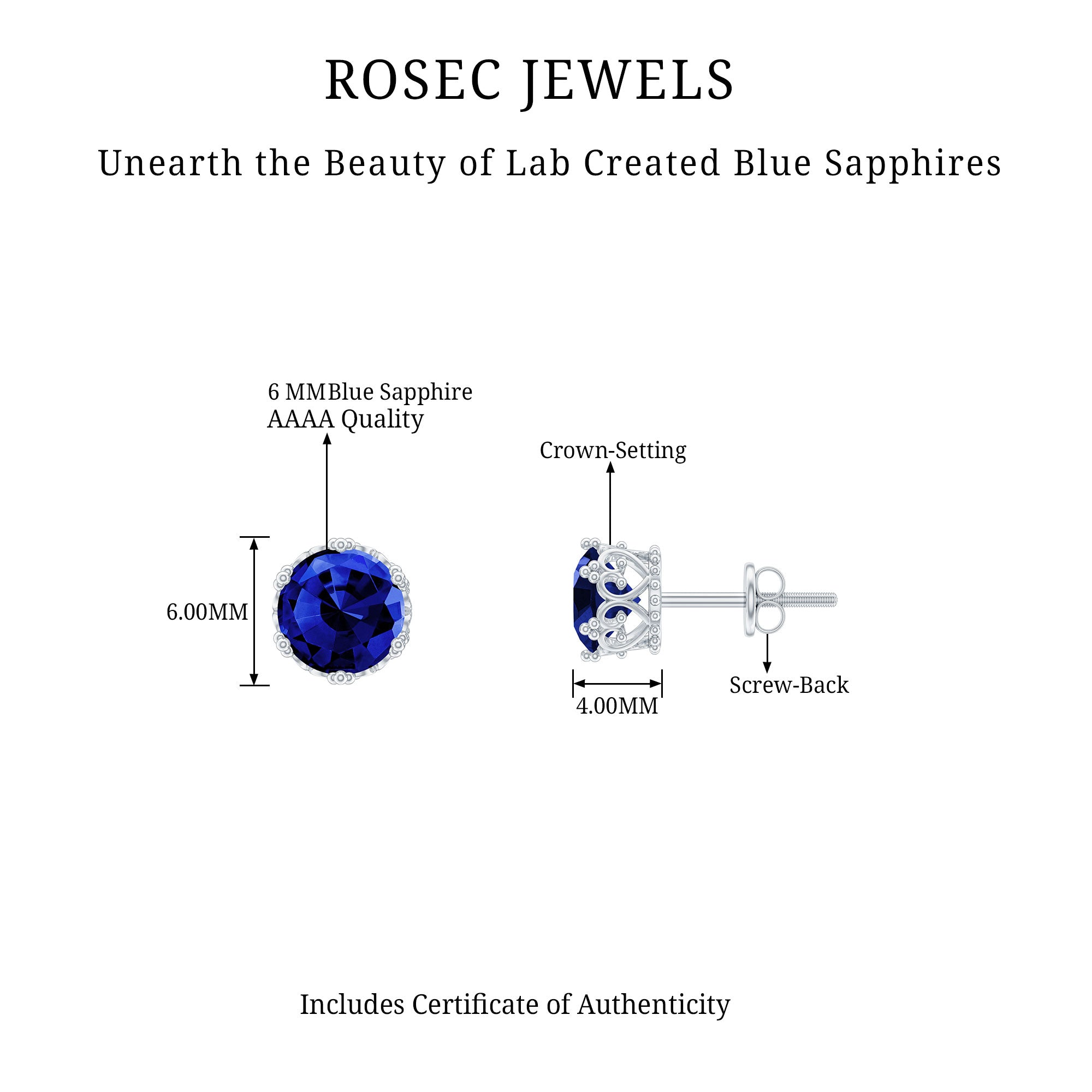 2 CT Created Blue Sapphire Solitaire Gold Crown Stud Earrings Lab Created Blue Sapphire - ( AAAA ) - Quality - Rosec Jewels