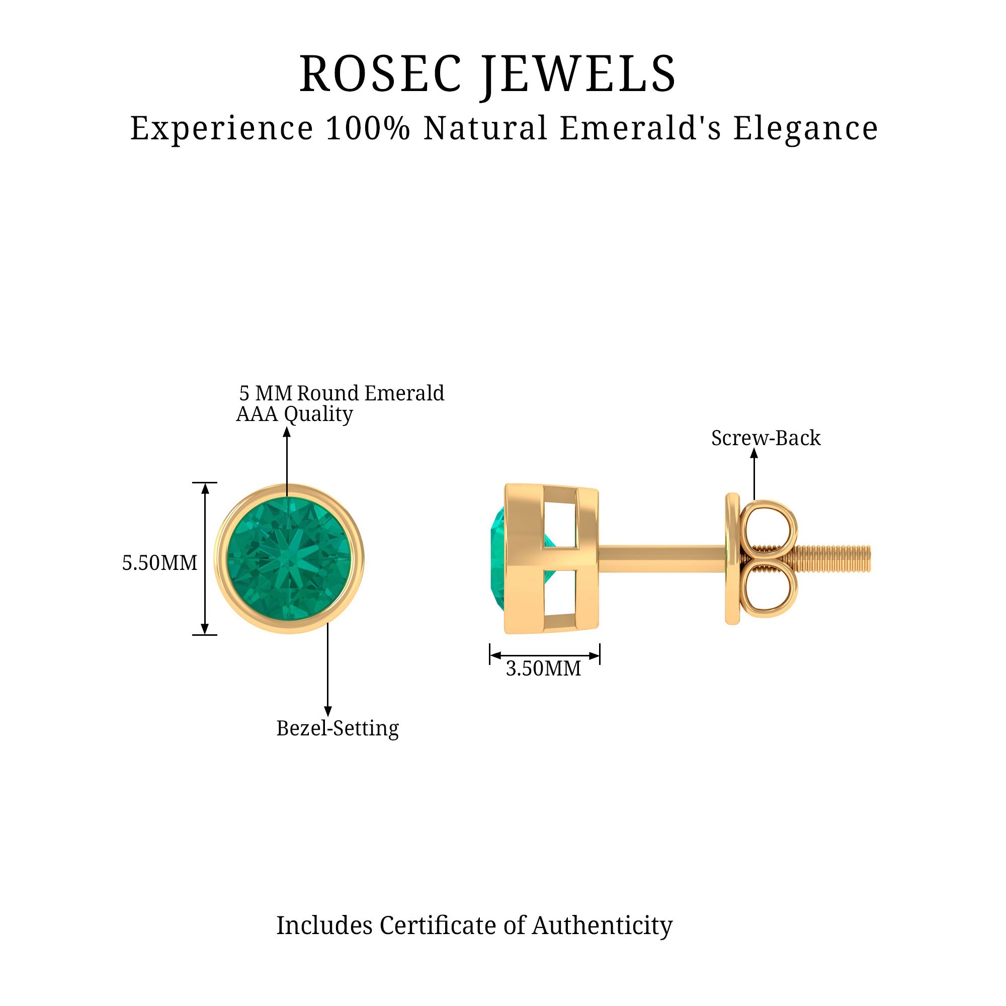 Bezel Set Emerald Solitaire Stud Earrings Emerald - ( AAA ) - Quality - Rosec Jewels