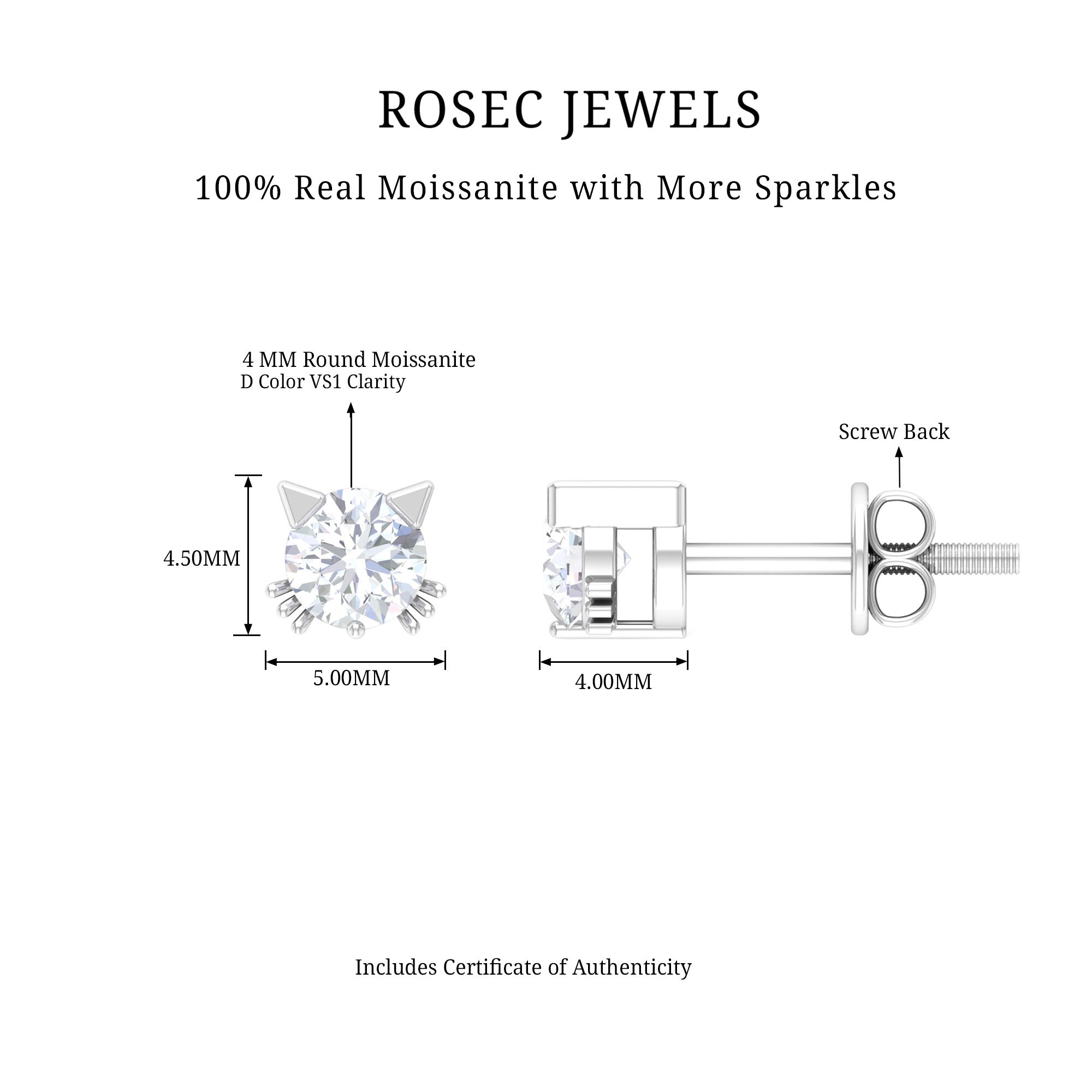 Cat Solitaire Stud Earrings with 4 MM Round Shape Moissanite in Prong Setting Moissanite - ( D-VS1 ) - Color and Clarity - Rosec Jewels