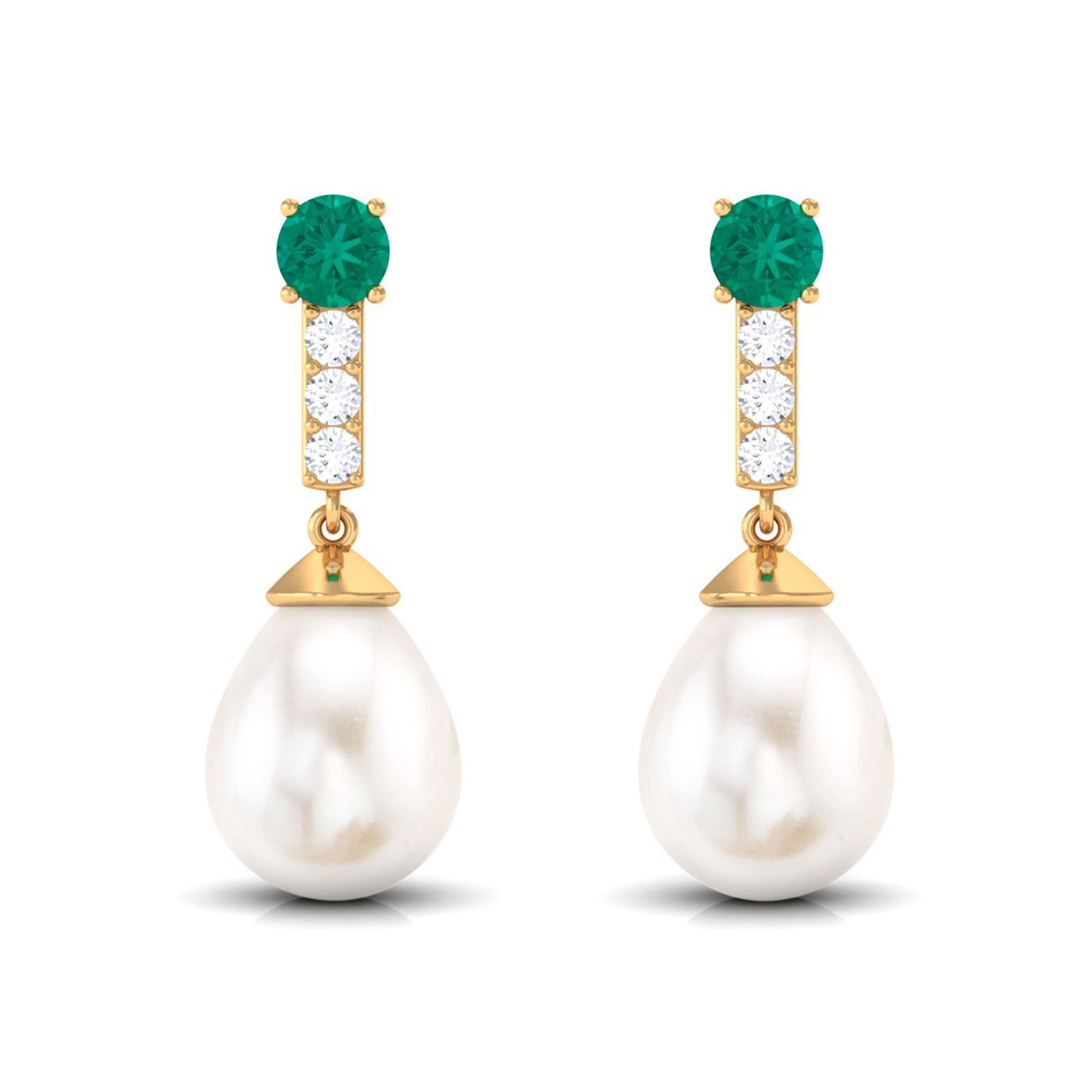 Freshwater Pearl Teardrop Earrings with Moissanite and Emerald Emerald - ( AAA ) - Quality - Rosec Jewels