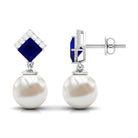 Freshwater Pearl and Blue Sapphire Drop Earrings with Moissanite Blue Sapphire - ( AAA ) - Quality - Rosec Jewels