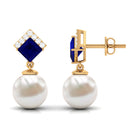 Freshwater Pearl and Blue Sapphire Drop Earrings with Moissanite Blue Sapphire - ( AAA ) - Quality - Rosec Jewels