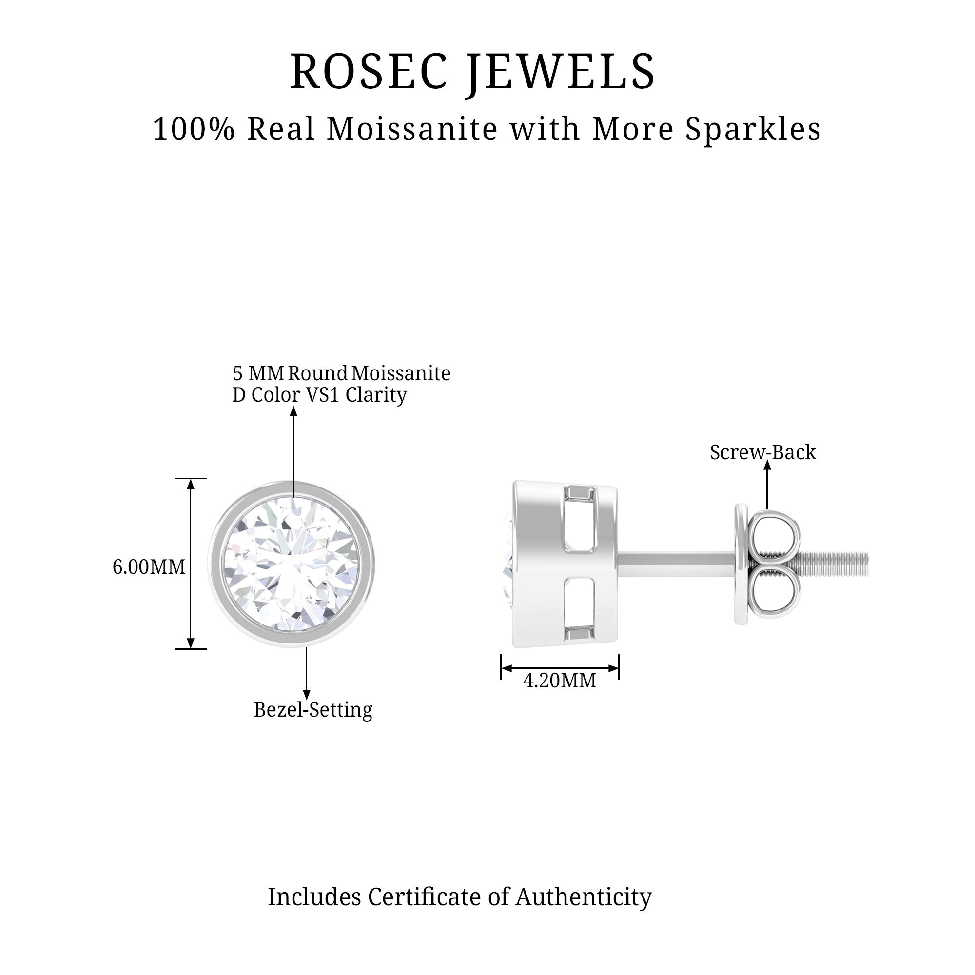 Bezel Set Moissanite Solitaire Stud Earrings for Women Moissanite - ( D-VS1 ) - Color and Clarity - Rosec Jewels