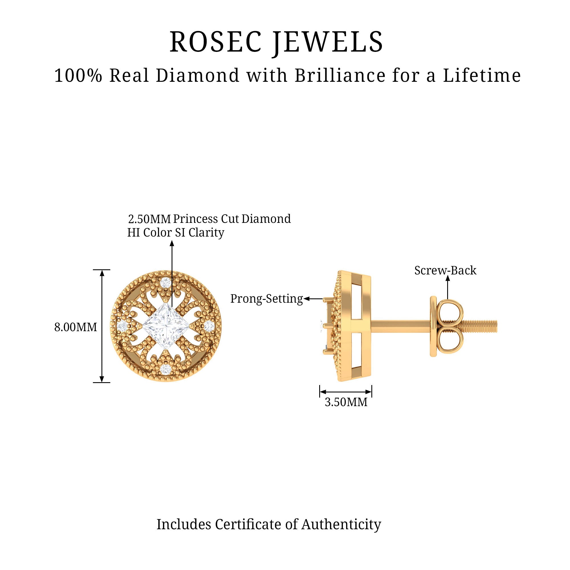 Real Diamond Vintage Milgrain Stud Earrings Diamond - ( HI-SI ) - Color and Clarity - Rosec Jewels