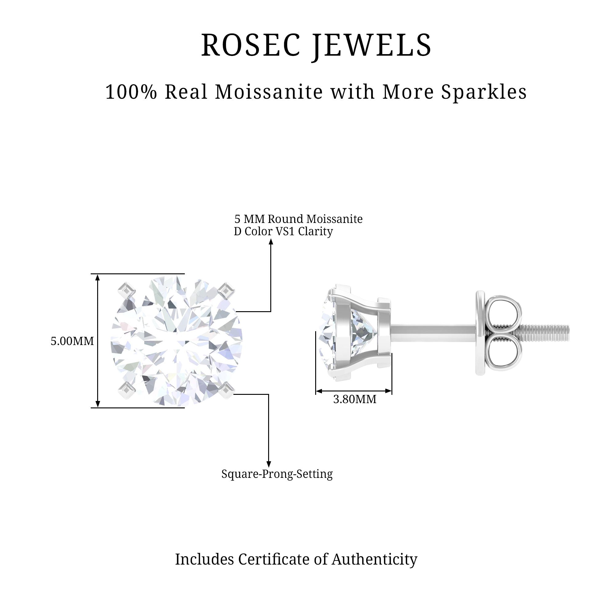 Round Shape Moissanite Solitaire Stud Earrings Moissanite - ( D-VS1 ) - Color and Clarity - Rosec Jewels