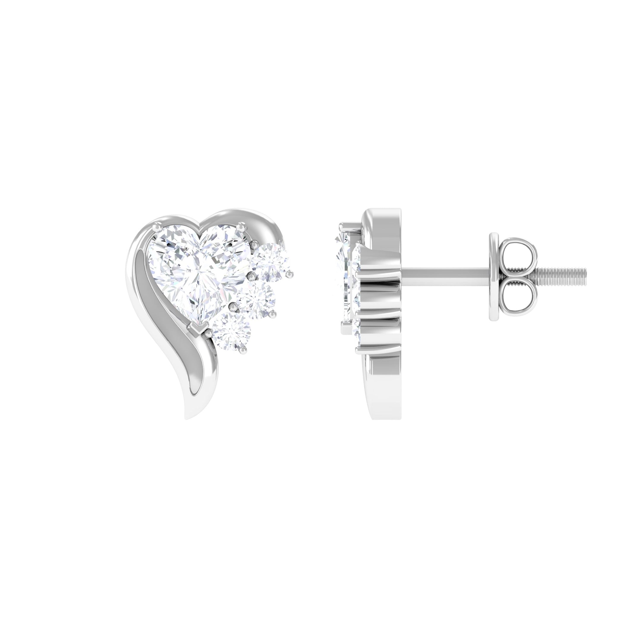 Heart Shape Moissanite Minimal Stud Earrings with Screw Back Moissanite - ( D-VS1 ) - Color and Clarity - Rosec Jewels