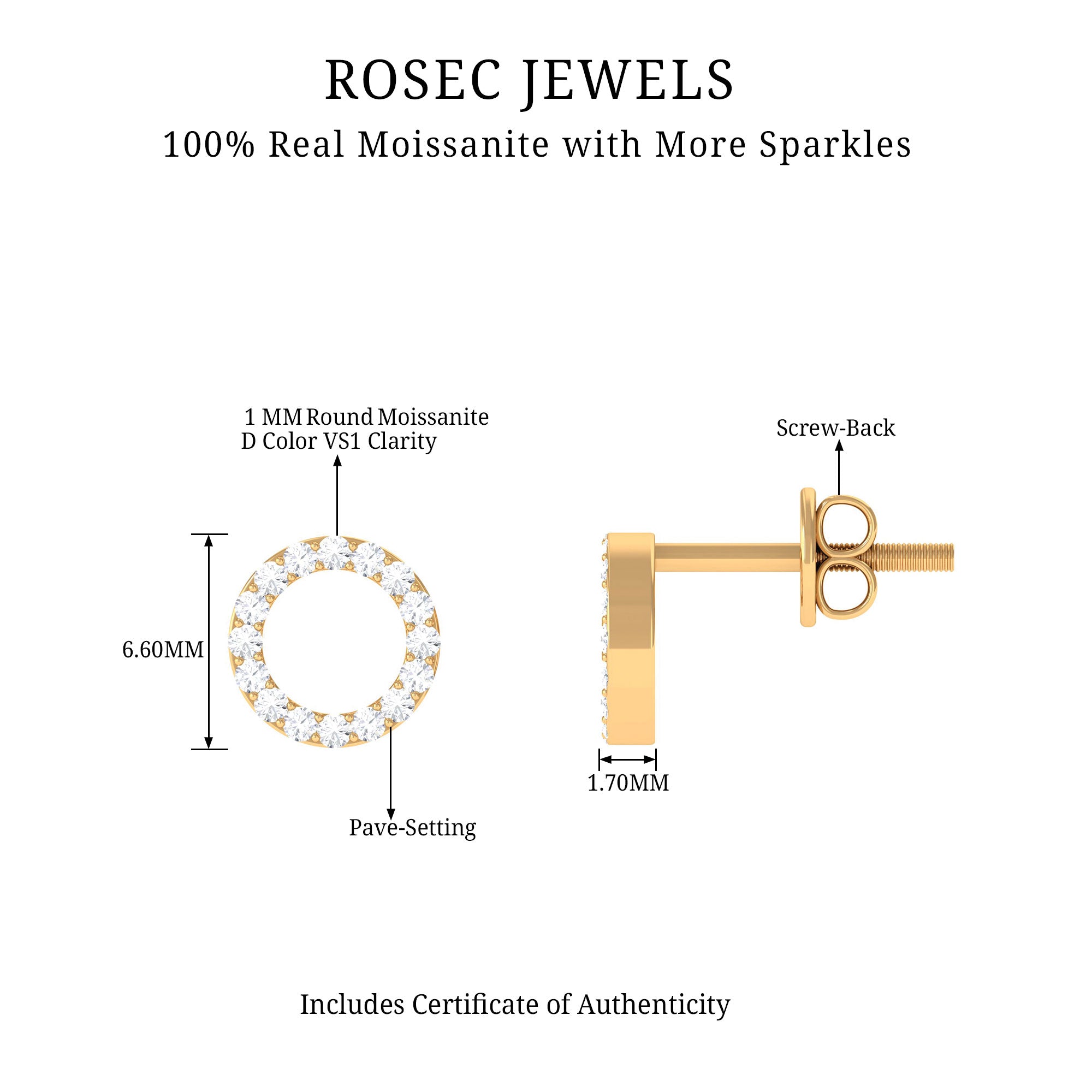 Round Cut Real Moissanite Eternity Stud Earrings in Gold Moissanite - ( D-VS1 ) - Color and Clarity - Rosec Jewels