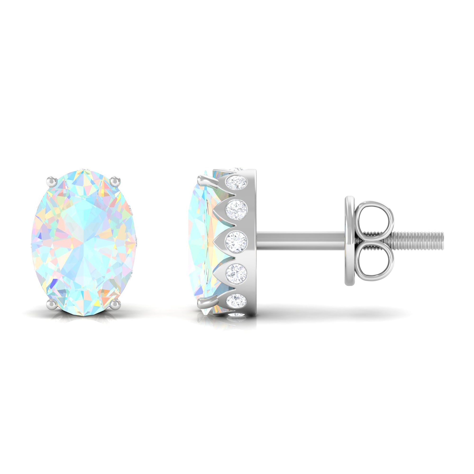 Real Ethiopian Opal Solitaire Stud Earrings with Diamond Ethiopian Opal - ( AAA ) - Quality - Rosec Jewels