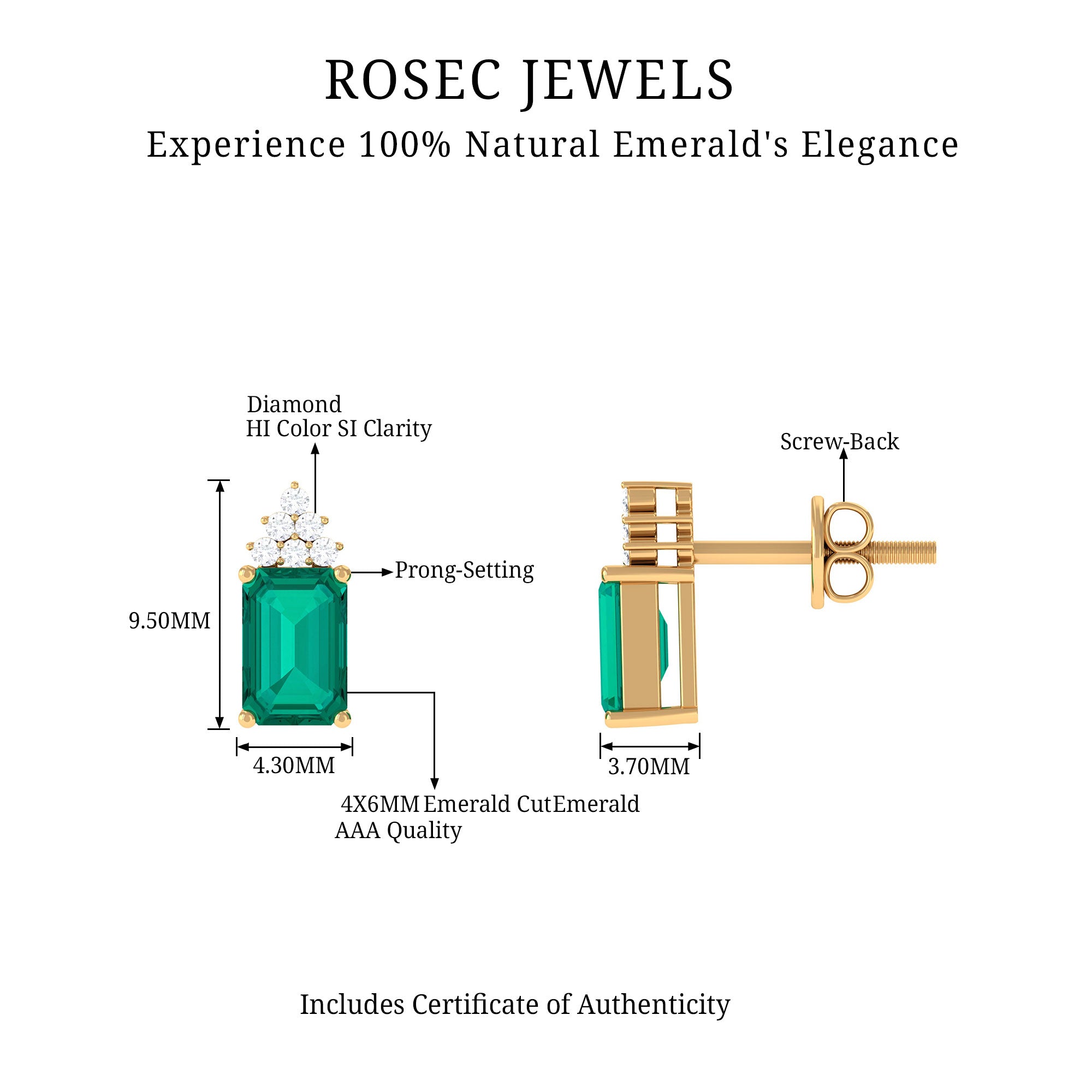 1.50 CT Octagon Cut Emerald Stud Earrings with Diamond Accent Emerald - ( AAA ) - Quality - Rosec Jewels