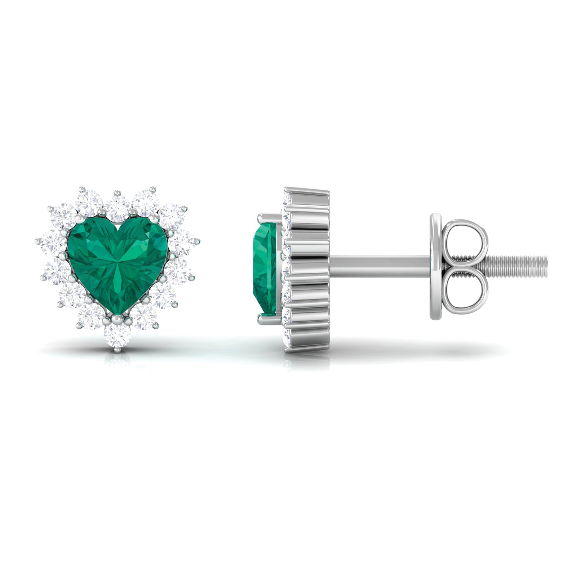 3/4 CT Heart Shape Created Emerald and Diamond Halo Stud Earrings Lab Created Emerald - ( AAAA ) - Quality - Rosec Jewels