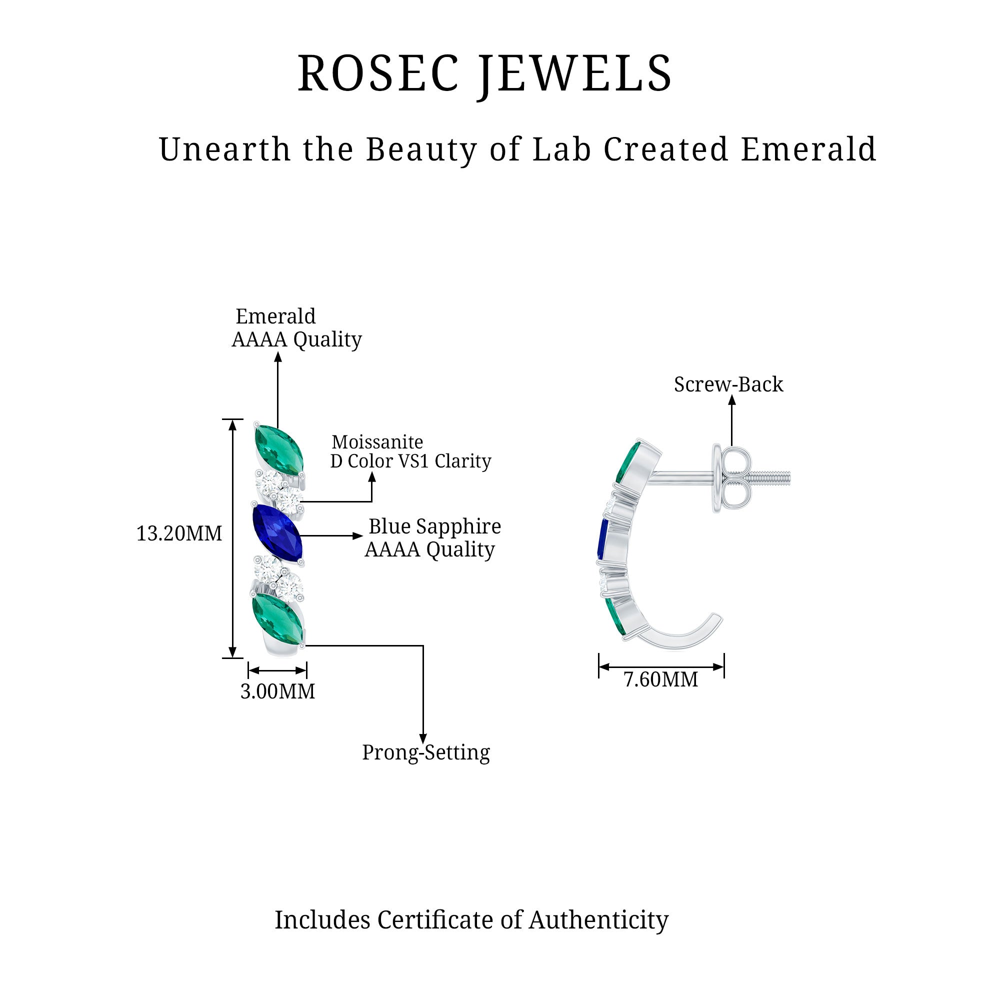 Marquise Cut Created Blue Sapphire and Emerald J Hoop Earrings with Moissanite Lab Created Blue Sapphire - ( AAAA ) - Quality - Rosec Jewels