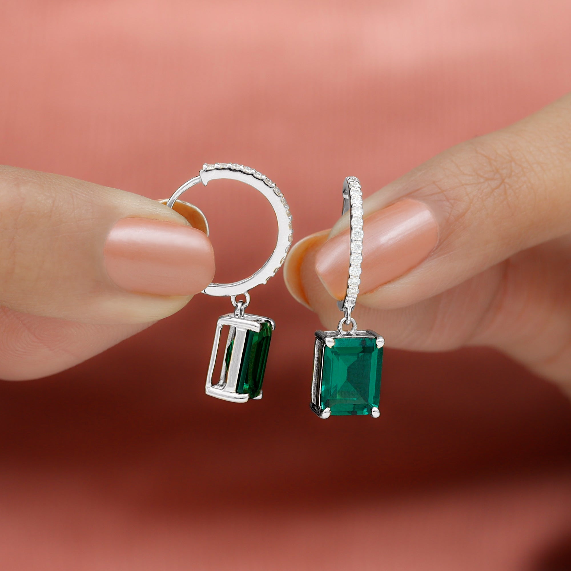 Certified Created Emerald Hoop Drop Earrings Lab Created Emerald - ( AAAA ) - Quality - Rosec Jewels