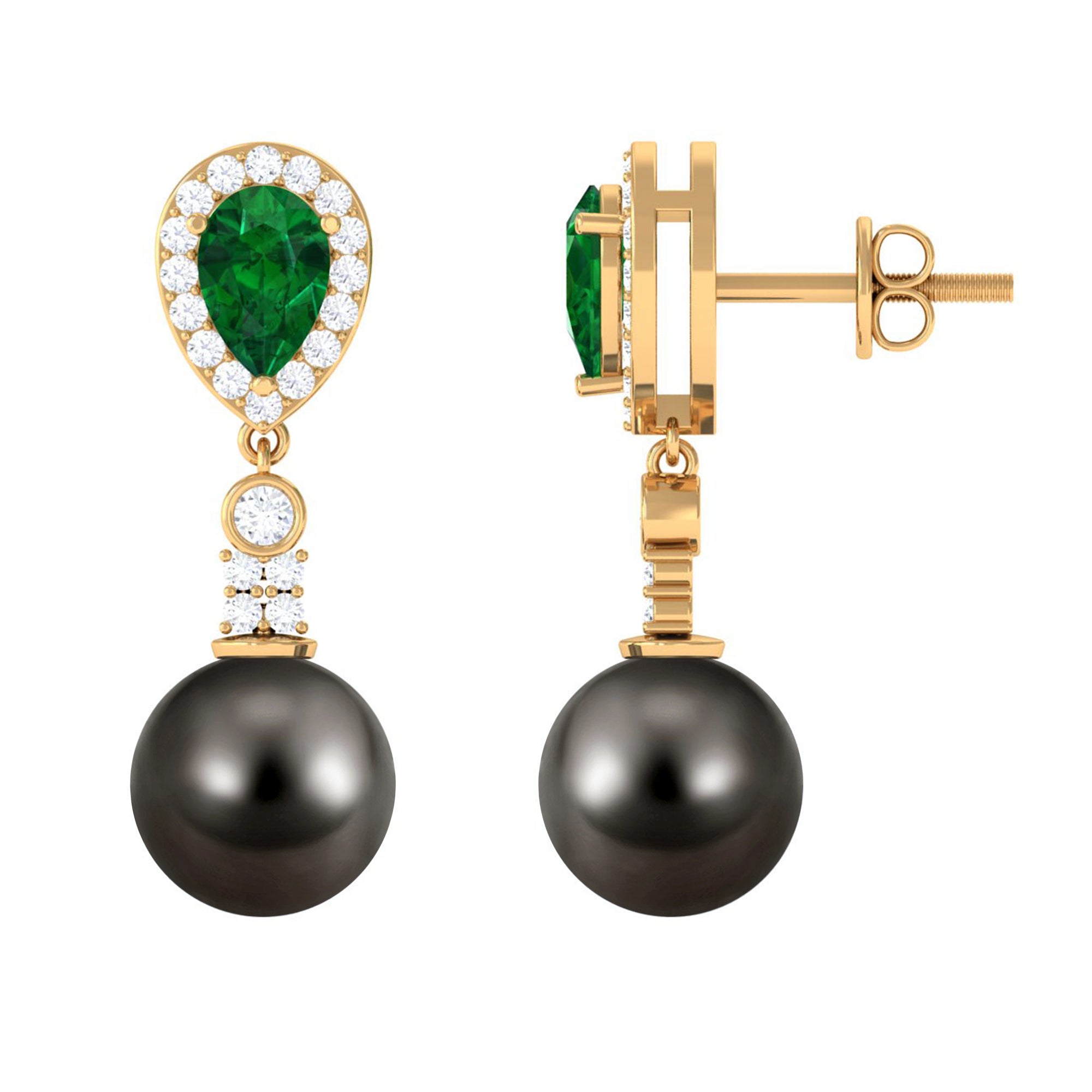 Tahitian Pearl and Created Emerald Drop Earrings with Moissanite Lab Created Emerald - ( AAAA ) - Quality - Rosec Jewels