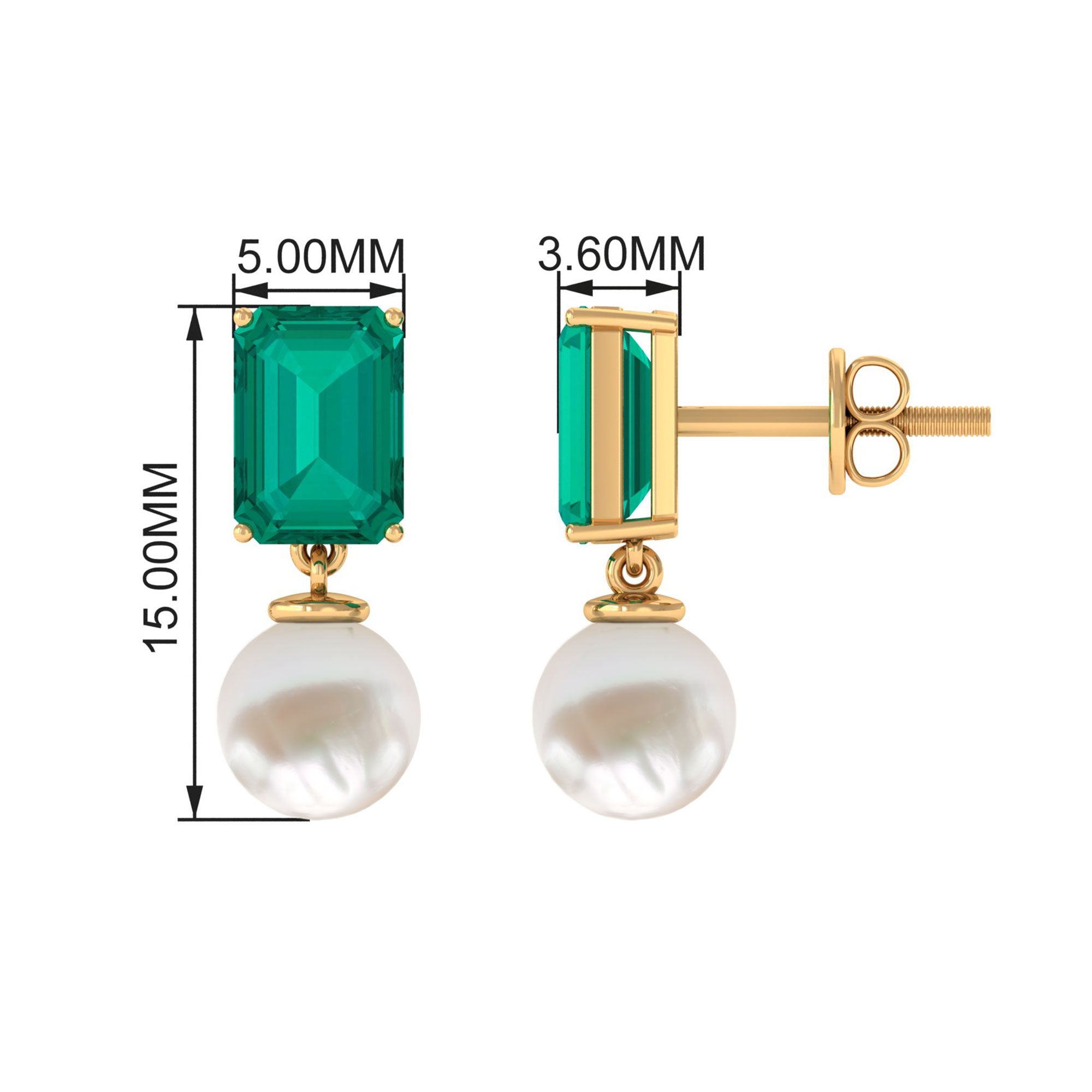 Octagon Cut Created Emerald and Freshwater Pearl Drop Earrings Freshwater Pearl - ( AAA ) - Quality - Rosec Jewels