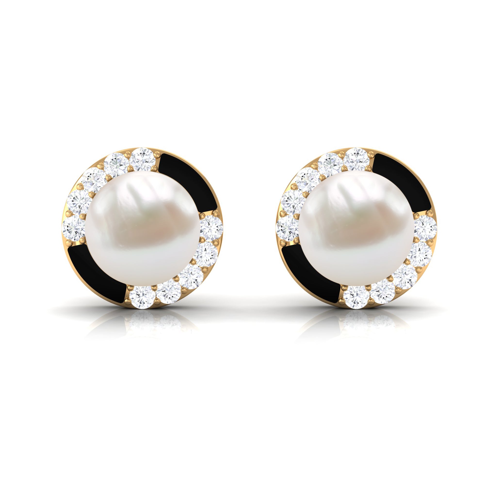 Real Freshwater Pearl Stud Earrings with Diamond Freshwater Pearl - ( AAA ) - Quality - Rosec Jewels