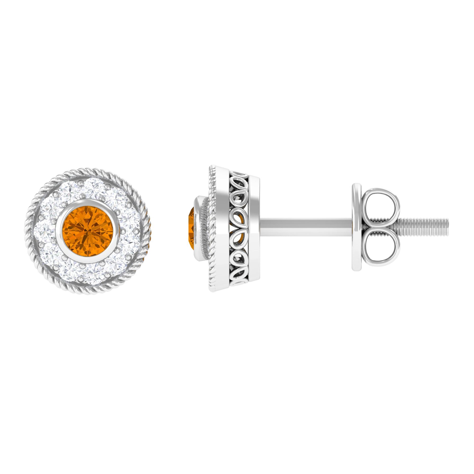 Round Citrine Halo Stud Earrings with Diamond in Twisted Rope Frame Citrine - ( AAA ) - Quality - Rosec Jewels