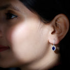 Oval Created Blue Sapphire J Hoop Earrings with Moissanite Halo Lab Created Blue Sapphire - ( AAAA ) - Quality - Rosec Jewels