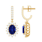 Oval Created Blue Sapphire J Hoop Earrings with Moissanite Halo Lab Created Blue Sapphire - ( AAAA ) - Quality - Rosec Jewels