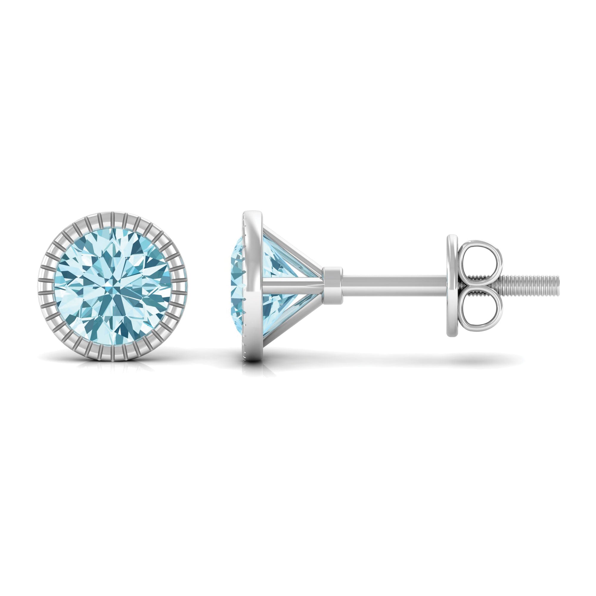 Round Cut Real Aquamarine Solitaire Stud Earring in Bezel Setting Aquamarine - ( AAA ) - Quality - Rosec Jewels